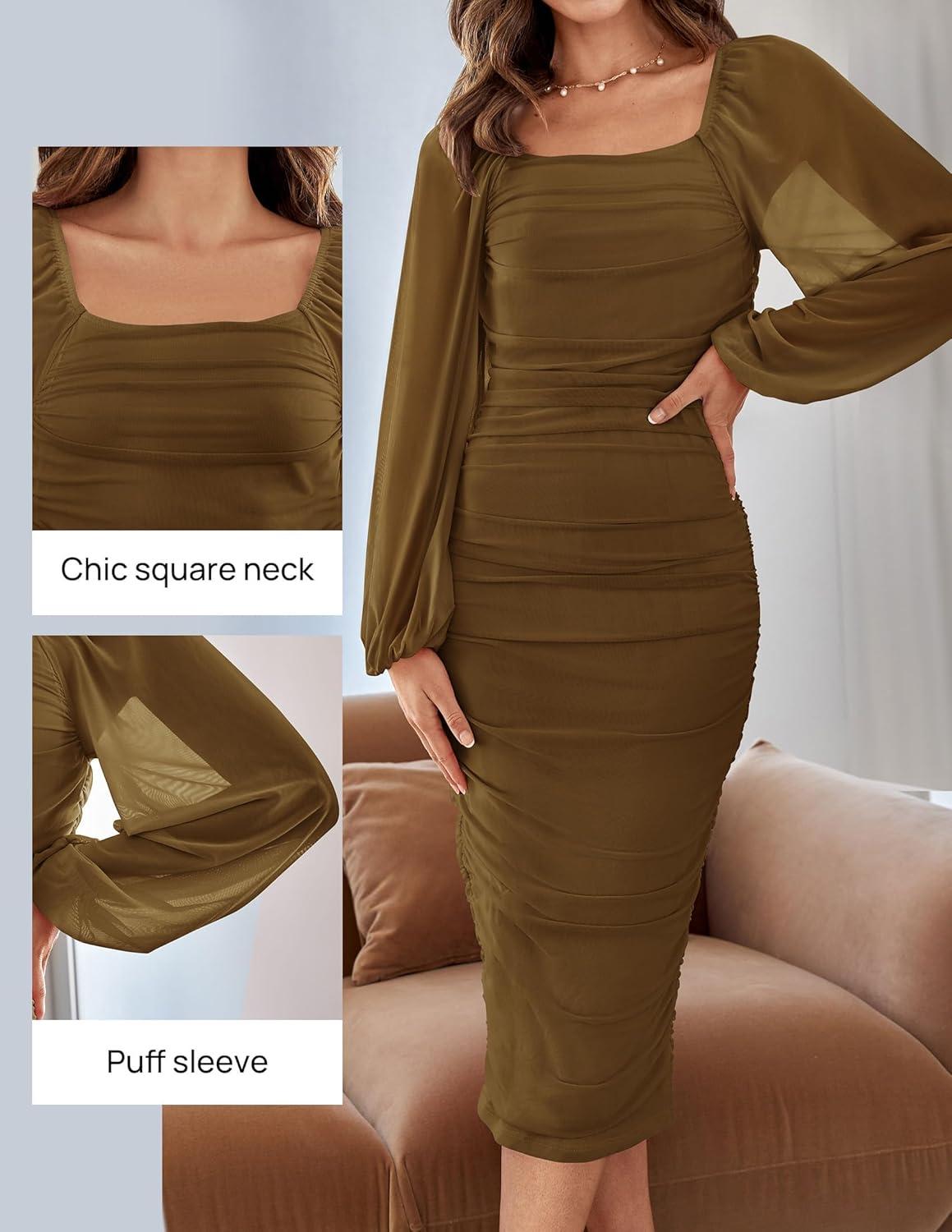 imageZESICA Womens Sexy Ruched Bodycon Midi Dress Long Puff Sleeve Square Neck Backless Cocktail Party Wedding DressesBrown