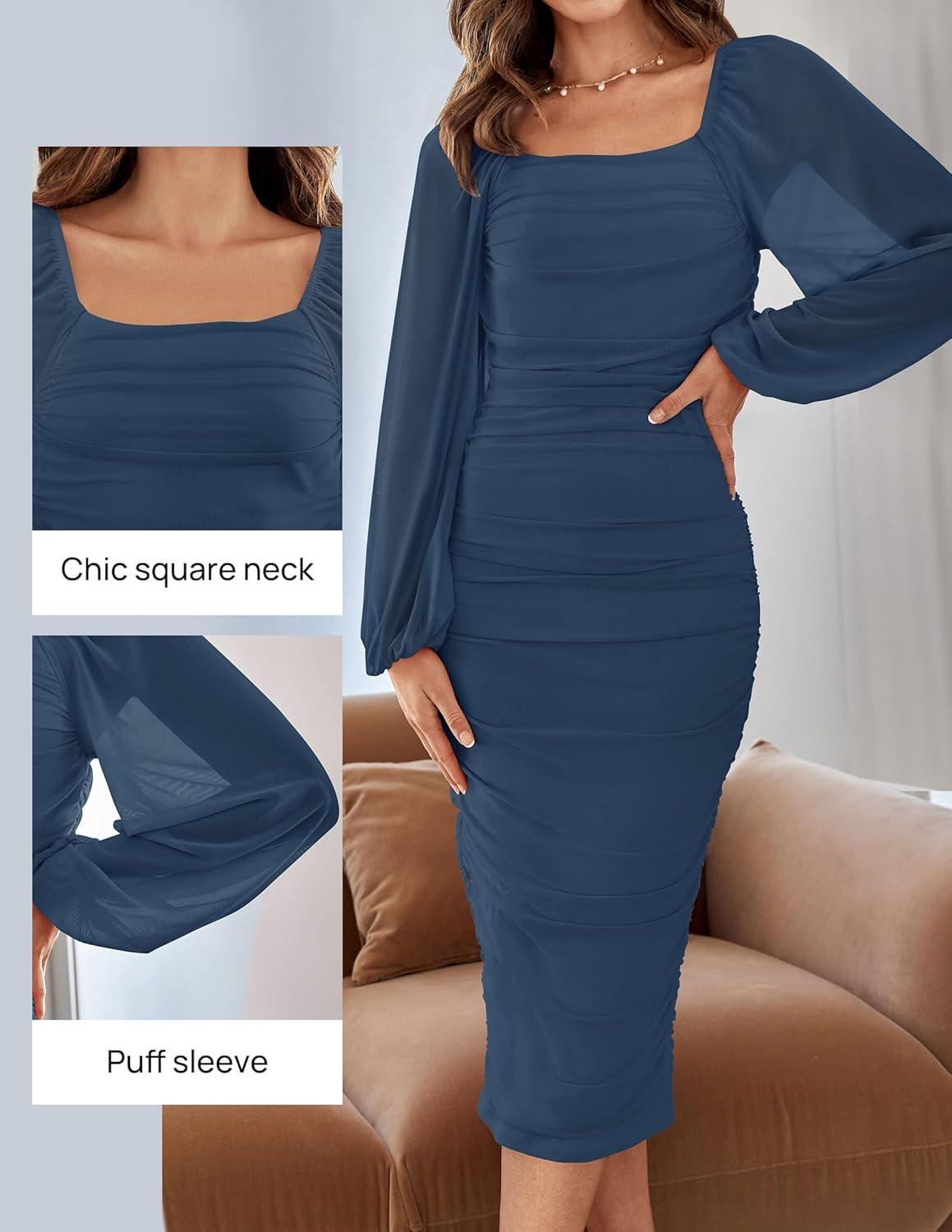 imageZESICA Womens Sexy Ruched Bodycon Midi Dress Long Puff Sleeve Square Neck Backless Cocktail Party Wedding DressesDarkblue