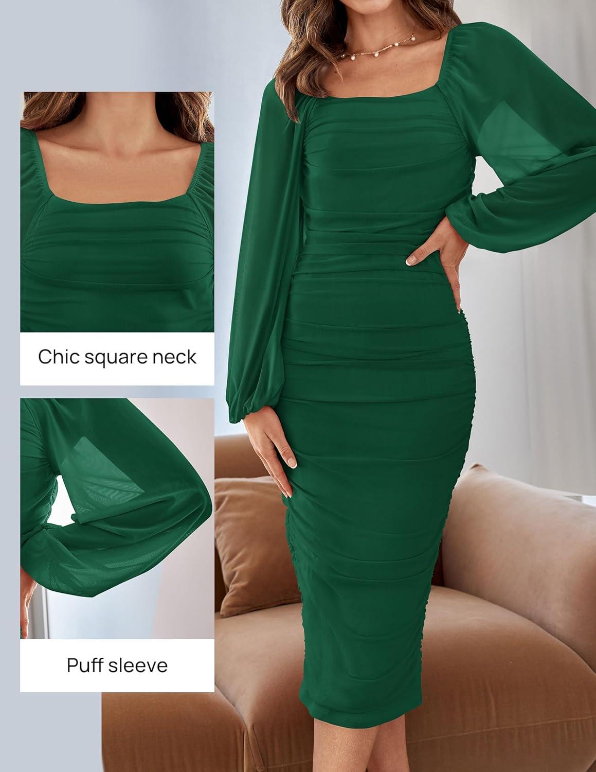 imageZESICA Womens Sexy Ruched Bodycon Midi Dress Long Puff Sleeve Square Neck Backless Cocktail Party Wedding DressesDarkgreen