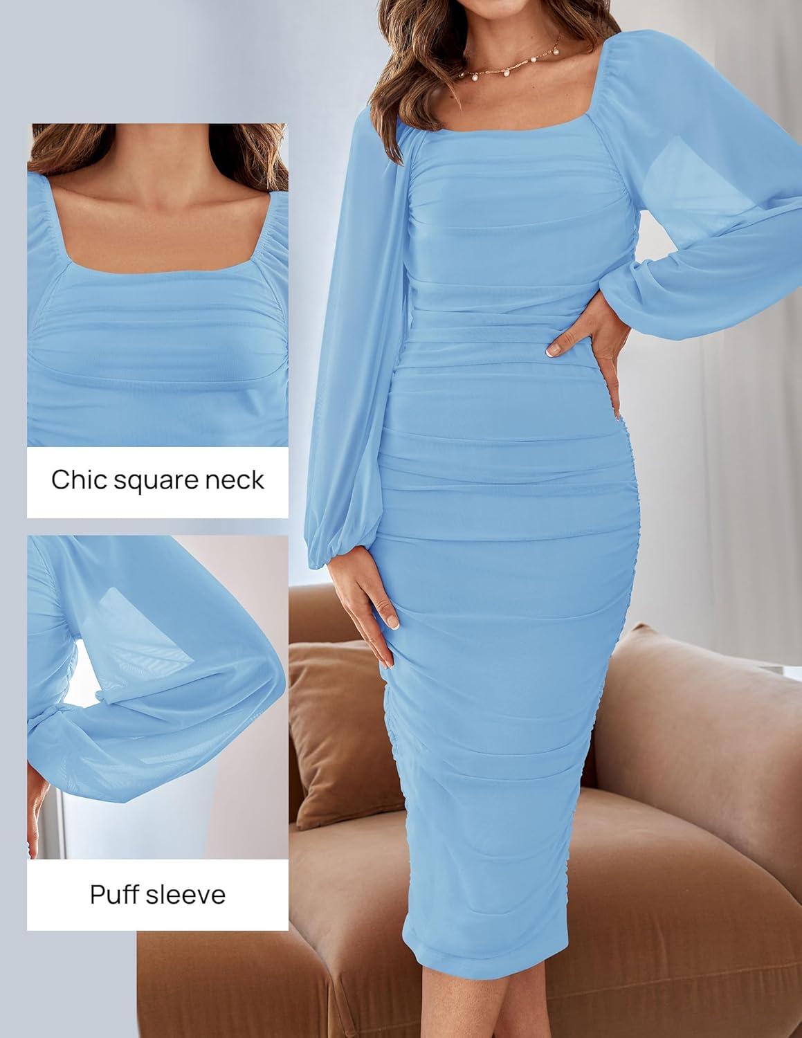 imageZESICA Womens Sexy Ruched Bodycon Midi Dress Long Puff Sleeve Square Neck Backless Cocktail Party Wedding DressesLightblue