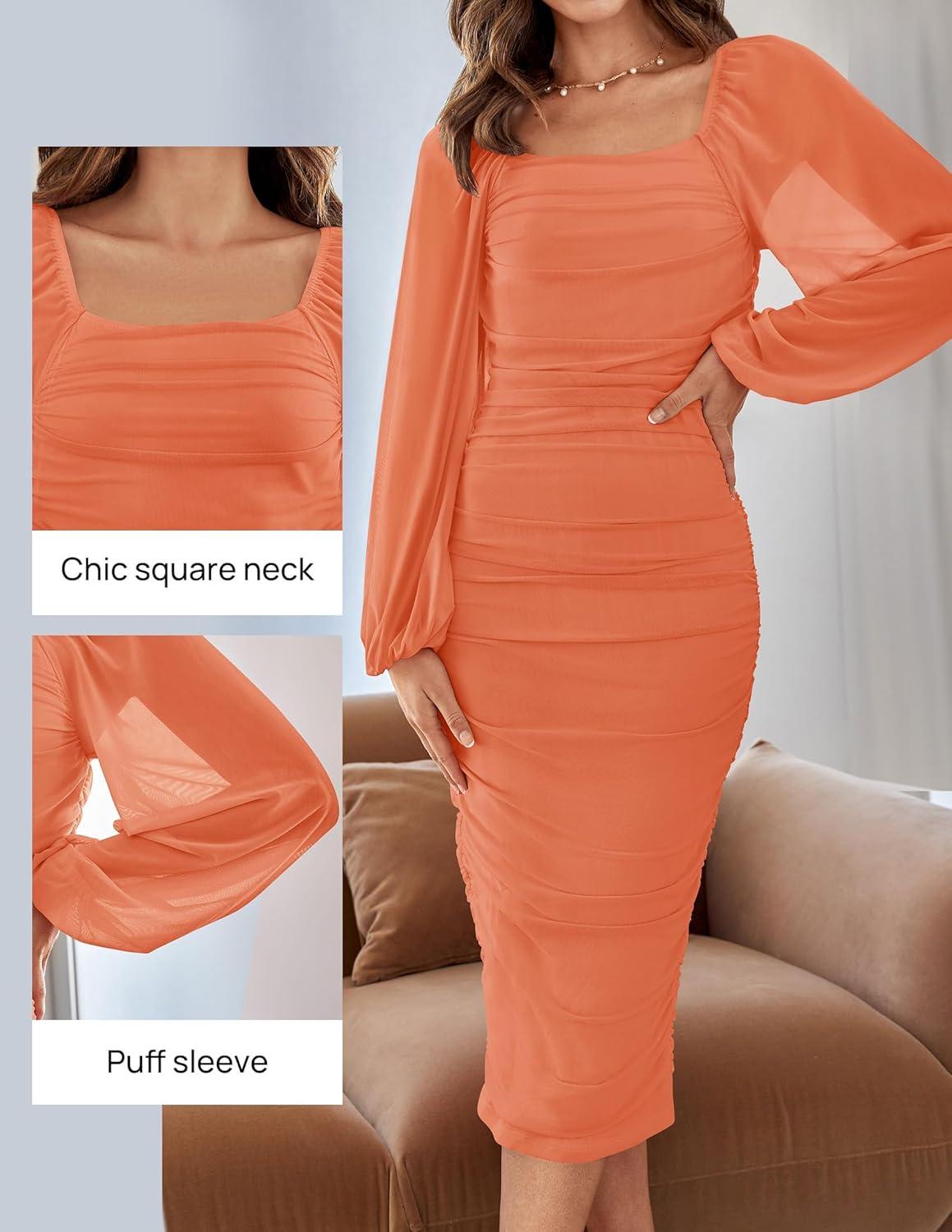 imageZESICA Womens Sexy Ruched Bodycon Midi Dress Long Puff Sleeve Square Neck Backless Cocktail Party Wedding DressesOrange