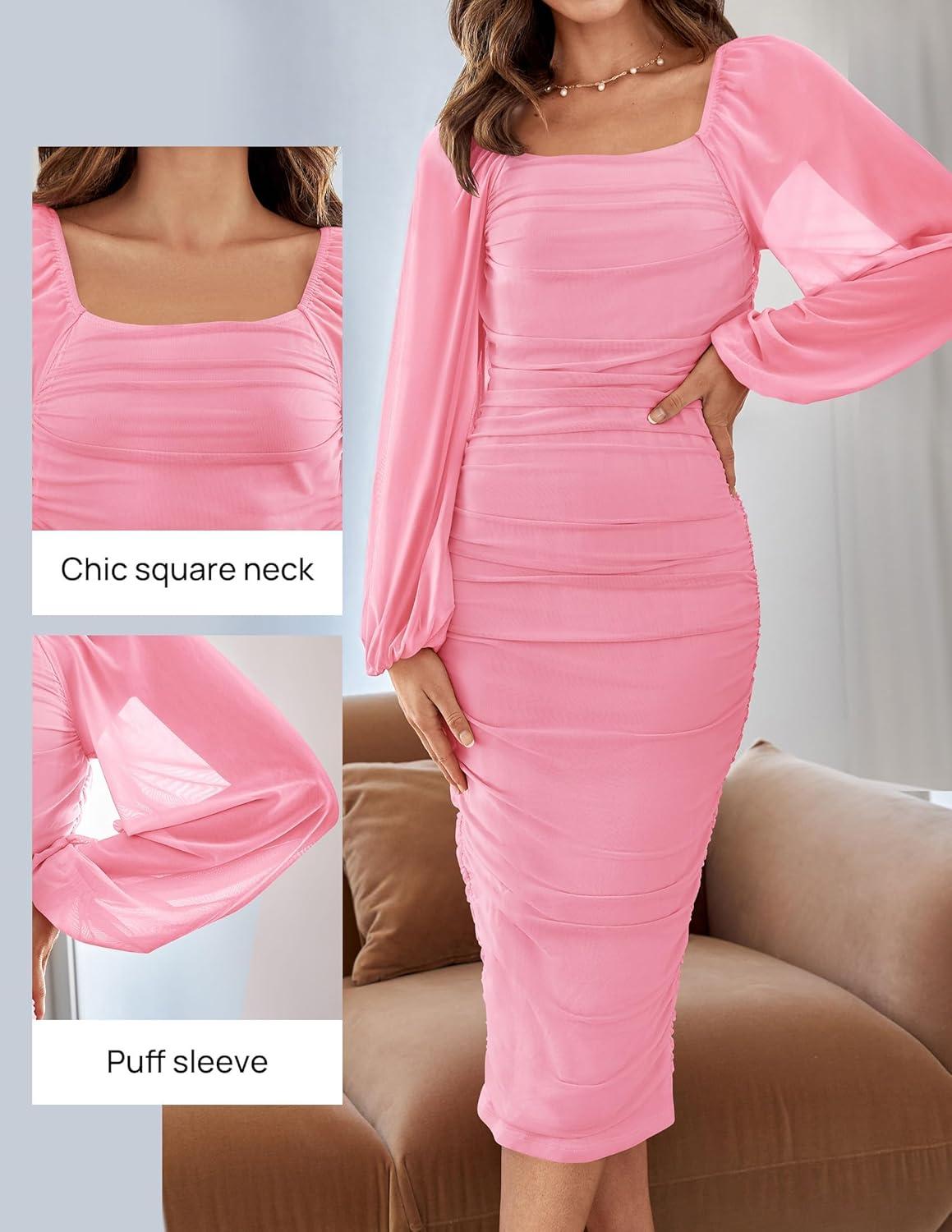 imageZESICA Womens Sexy Ruched Bodycon Midi Dress Long Puff Sleeve Square Neck Backless Cocktail Party Wedding DressesPink
