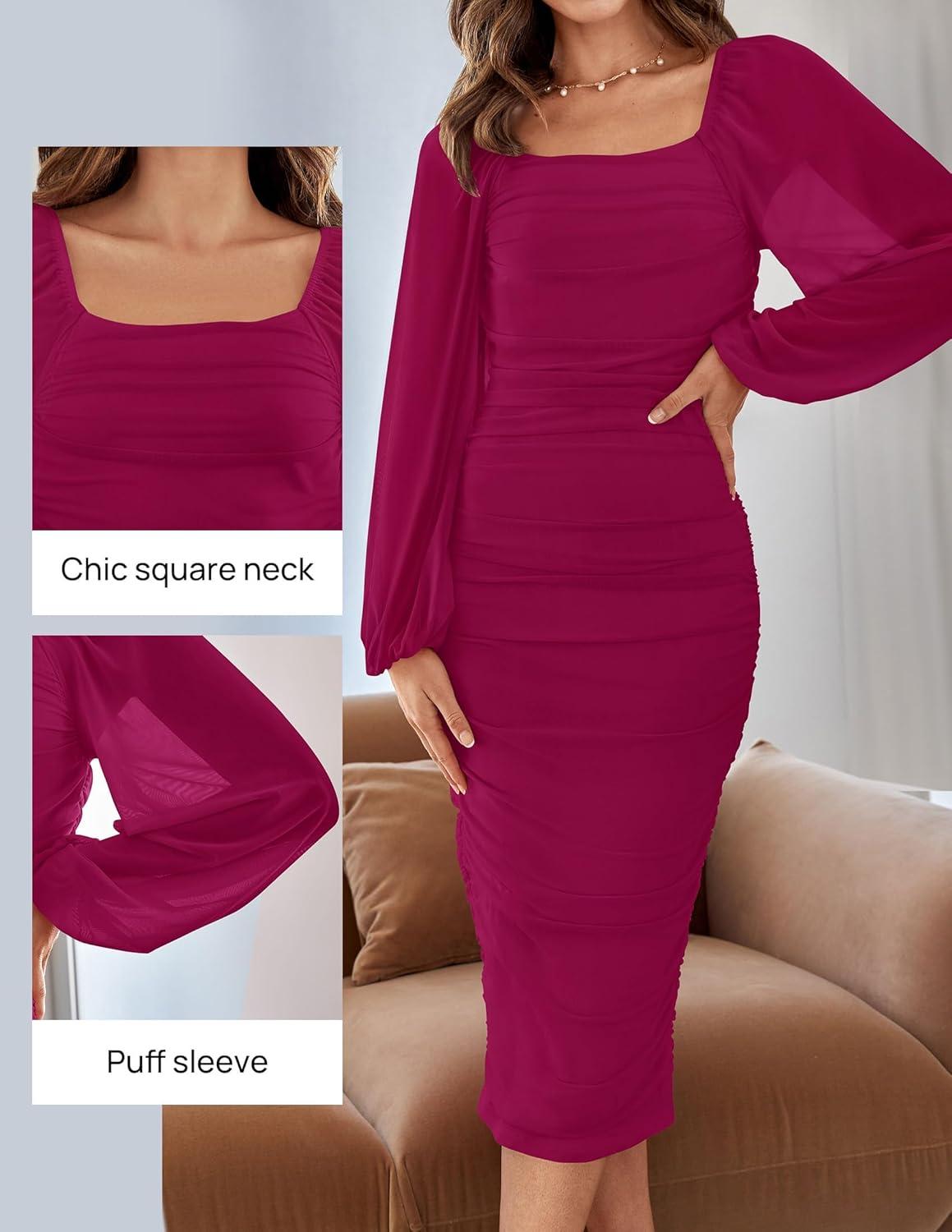 imageZESICA Womens Sexy Ruched Bodycon Midi Dress Long Puff Sleeve Square Neck Backless Cocktail Party Wedding DressesPlum