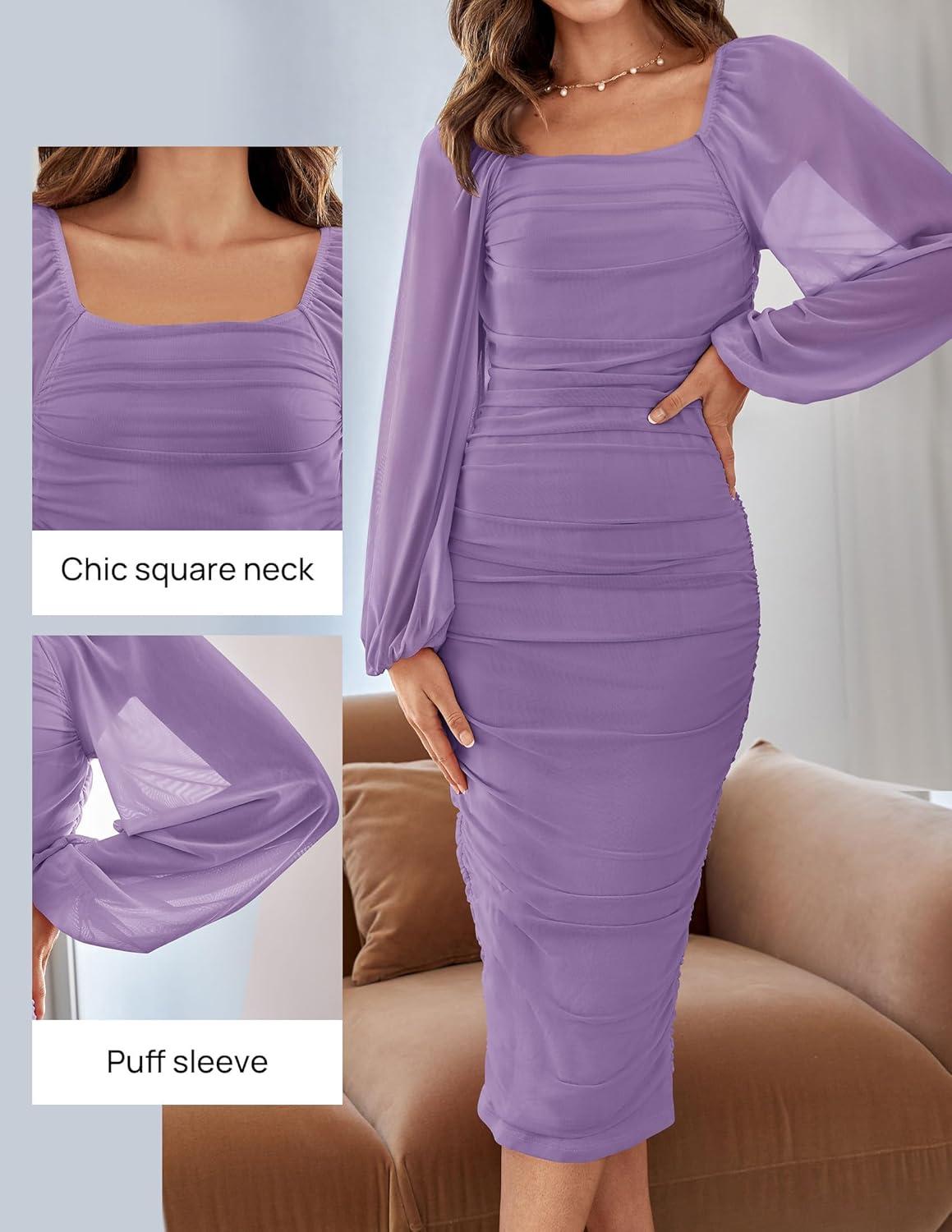 imageZESICA Womens Sexy Ruched Bodycon Midi Dress Long Puff Sleeve Square Neck Backless Cocktail Party Wedding DressesPurple