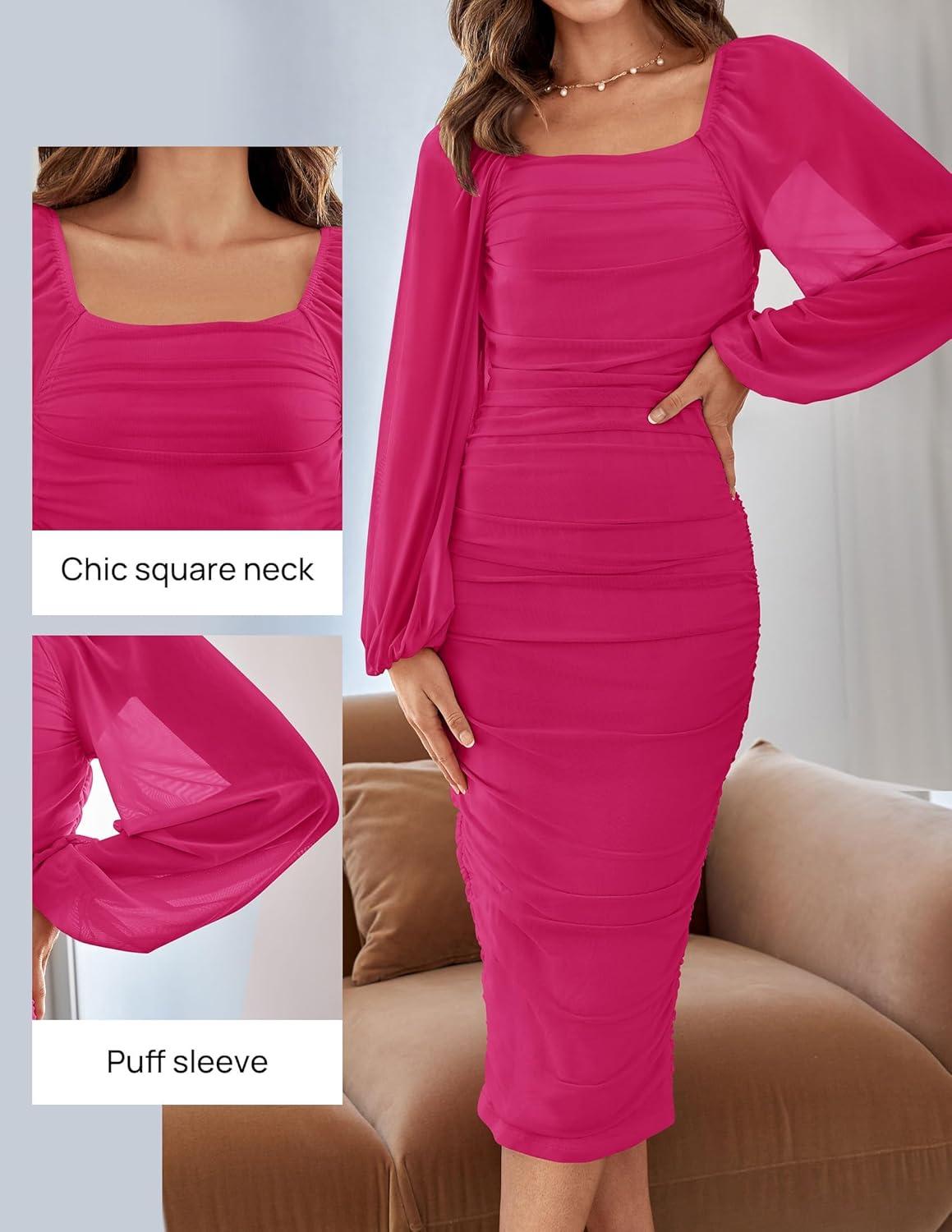 imageZESICA Womens Sexy Ruched Bodycon Midi Dress Long Puff Sleeve Square Neck Backless Cocktail Party Wedding DressesRose
