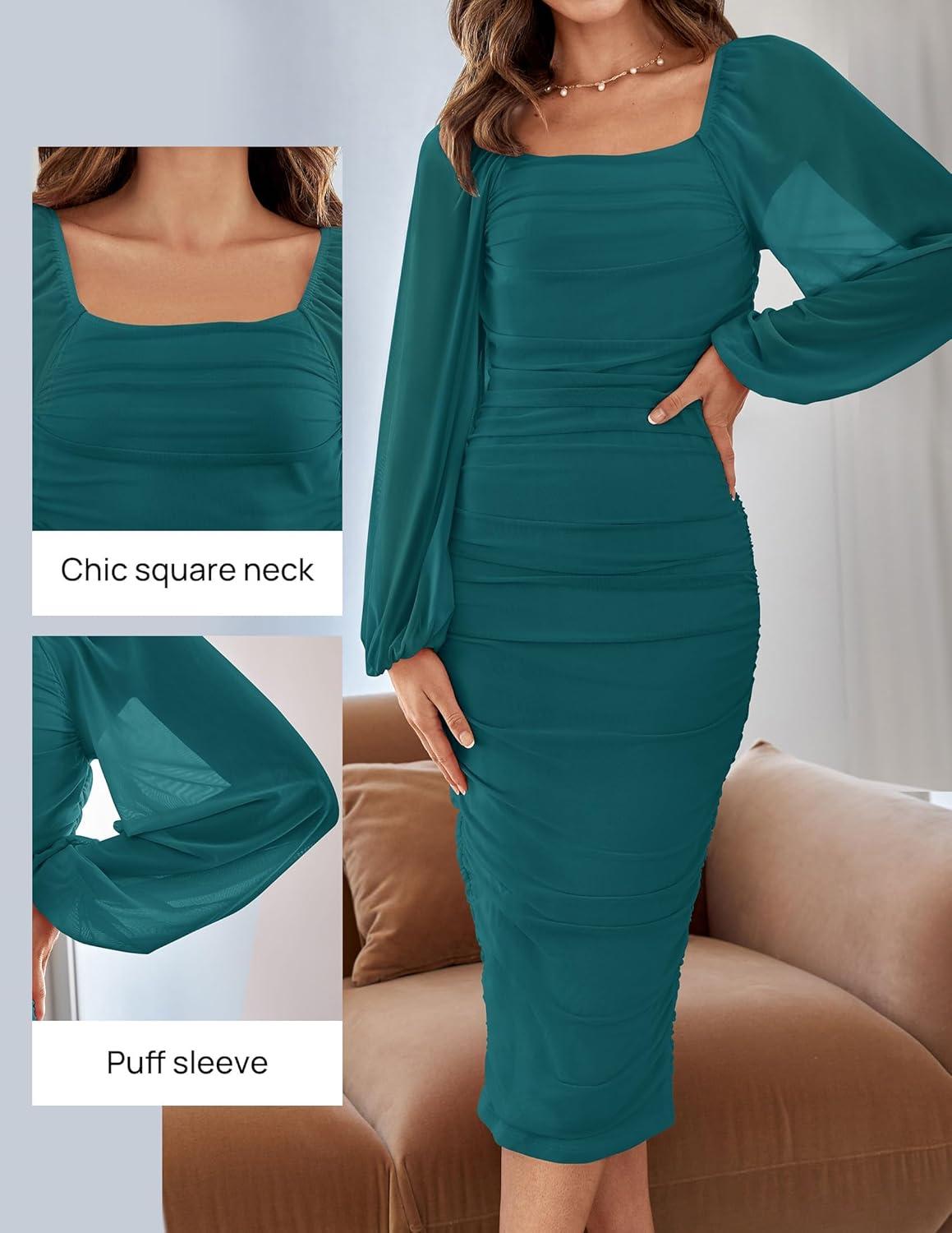 imageZESICA Womens Sexy Ruched Bodycon Midi Dress Long Puff Sleeve Square Neck Backless Cocktail Party Wedding DressesTeal
