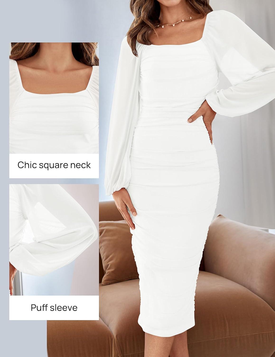 imageZESICA Womens Sexy Ruched Bodycon Midi Dress Long Puff Sleeve Square Neck Backless Cocktail Party Wedding DressesWhite