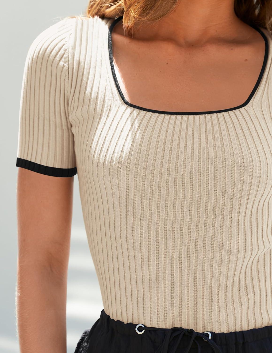 imageZESICA Womens Short Sleeve Square Neck Color Block T Shirt 2026 Summer Slim Fit Ribbed Knit Basic Tee TopsApricot