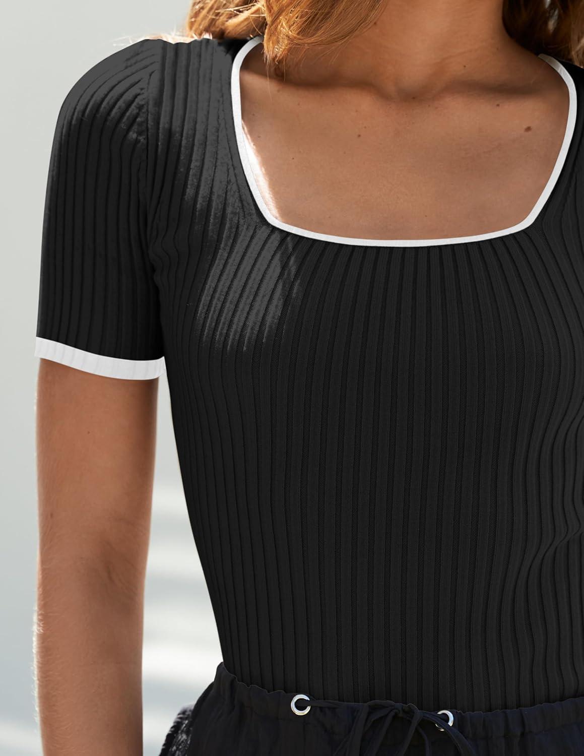 imageZESICA Womens Short Sleeve Square Neck Color Block T Shirt 2026 Summer Slim Fit Ribbed Knit Basic Tee TopsBlack