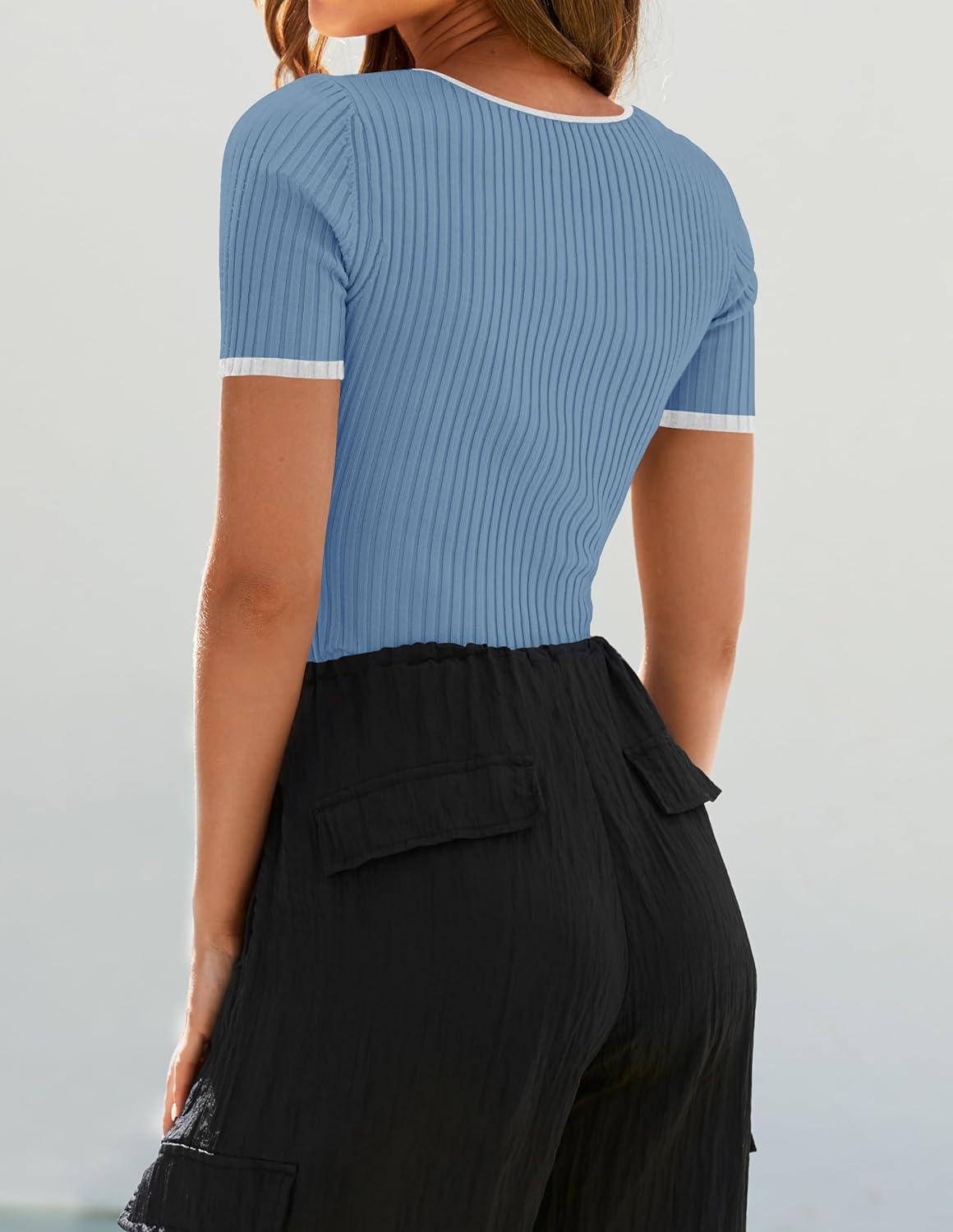 imageZESICA Womens Short Sleeve Square Neck Color Block T Shirt 2026 Summer Slim Fit Ribbed Knit Basic Tee TopsBlue