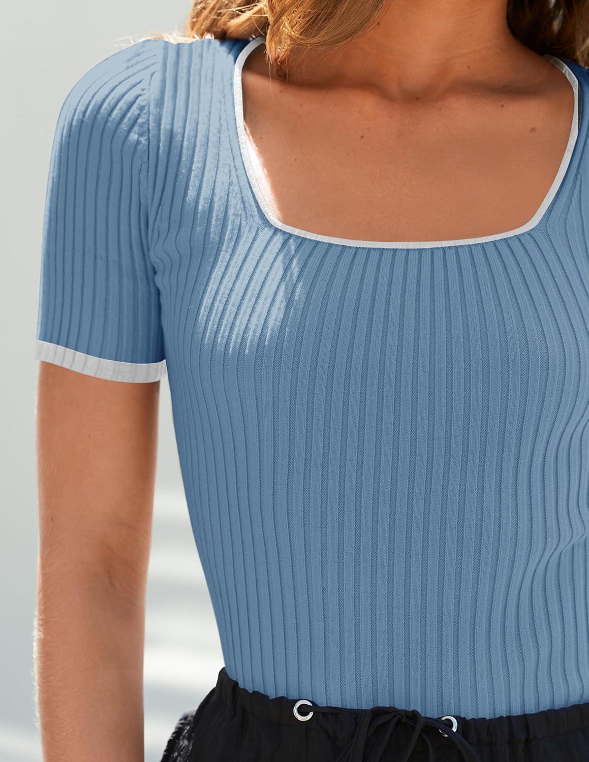imageZESICA Womens Short Sleeve Square Neck Color Block T Shirt 2026 Summer Slim Fit Ribbed Knit Basic Tee TopsBlue