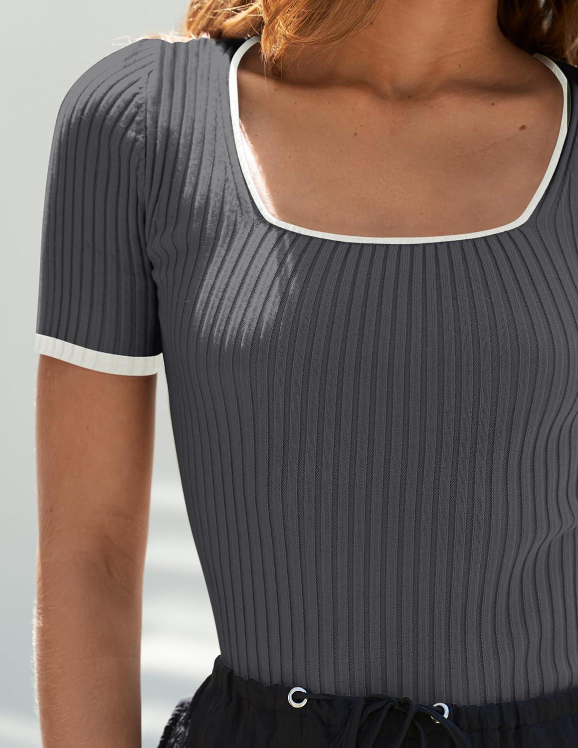 imageZESICA Womens Short Sleeve Square Neck Color Block T Shirt 2026 Summer Slim Fit Ribbed Knit Basic Tee TopsDarkgrey