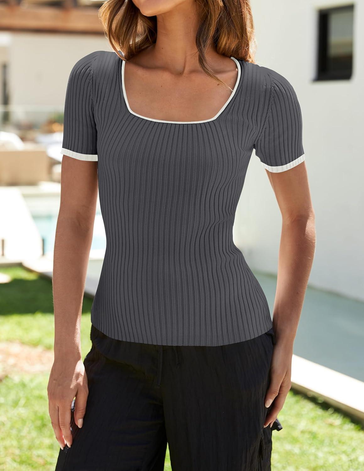 imageZESICA Womens Short Sleeve Square Neck Color Block T Shirt 2026 Summer Slim Fit Ribbed Knit Basic Tee TopsDarkgrey