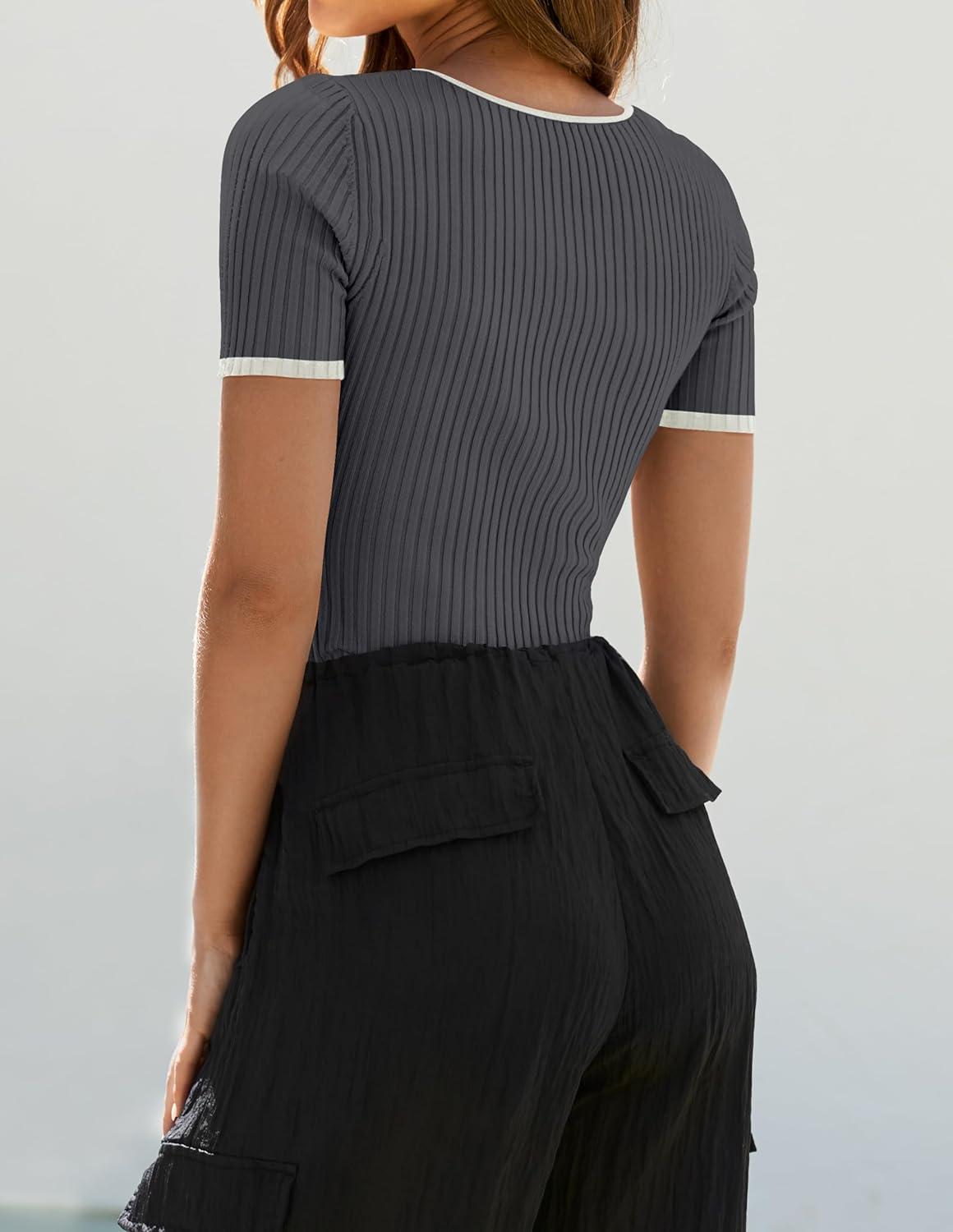 imageZESICA Womens Short Sleeve Square Neck Color Block T Shirt 2026 Summer Slim Fit Ribbed Knit Basic Tee TopsDarkgrey