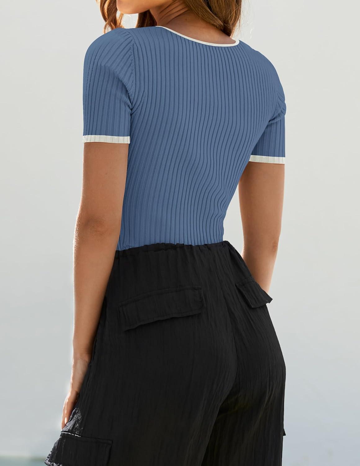 imageZESICA Womens Short Sleeve Square Neck Color Block T Shirt 2026 Summer Slim Fit Ribbed Knit Basic Tee TopsDustyblue