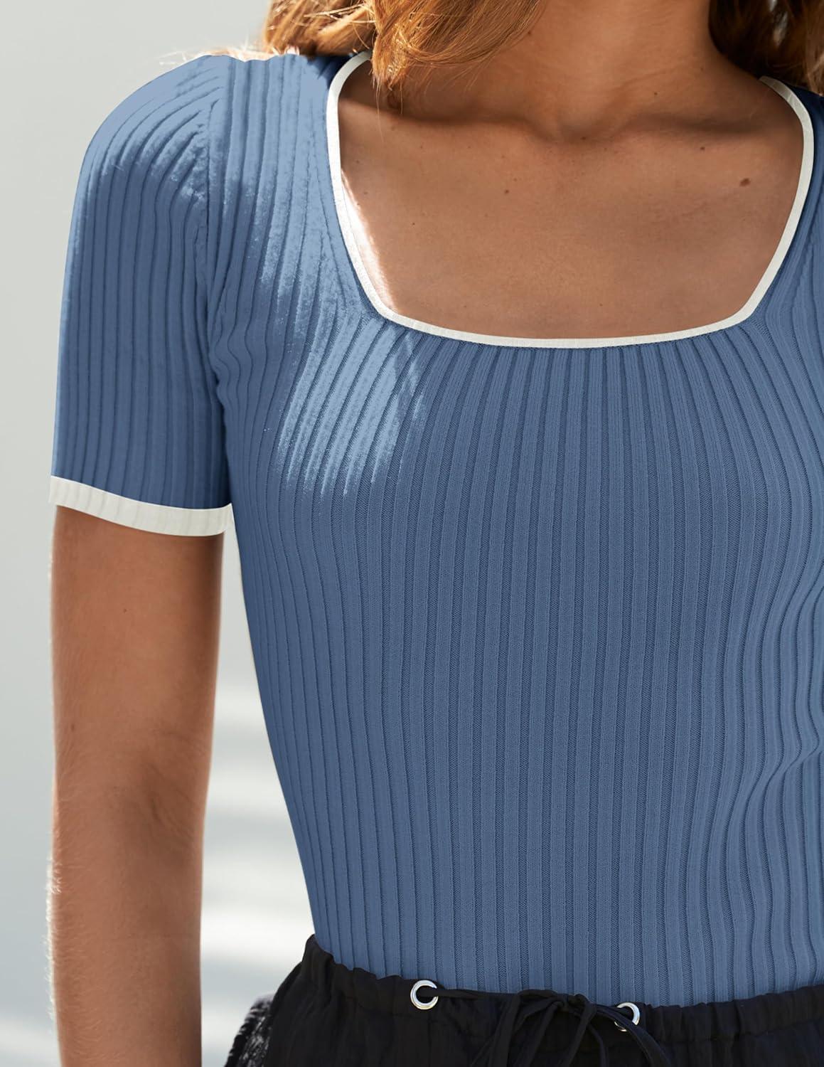 imageZESICA Womens Short Sleeve Square Neck Color Block T Shirt 2026 Summer Slim Fit Ribbed Knit Basic Tee TopsDustyblue
