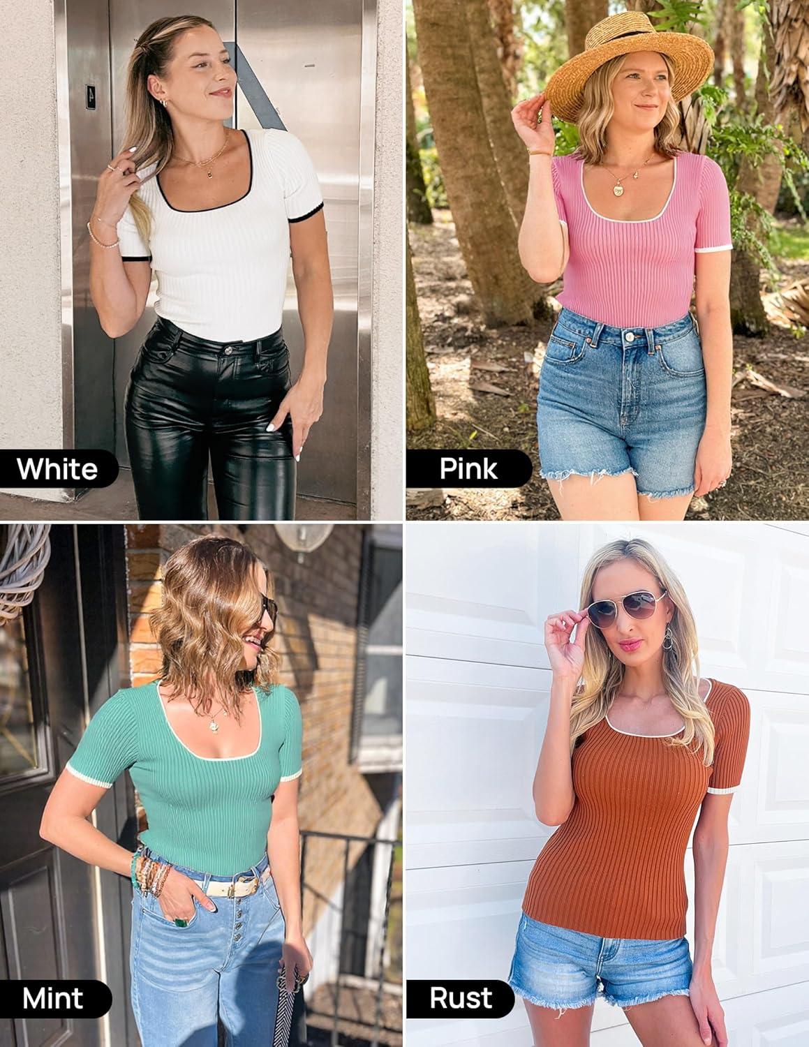 imageZESICA Womens Short Sleeve Square Neck Color Block T Shirt 2026 Summer Slim Fit Ribbed Knit Basic Tee TopsEggplant