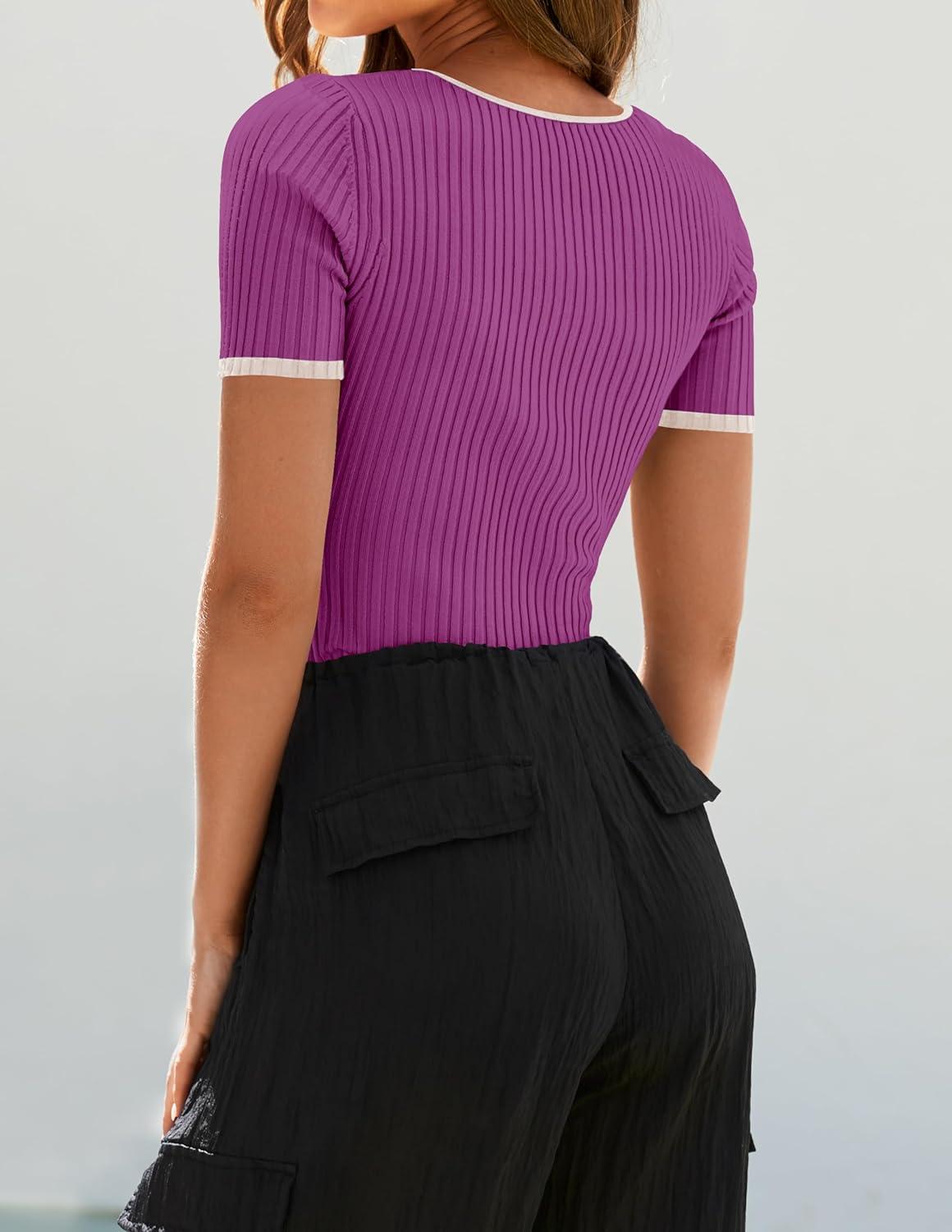 imageZESICA Womens Short Sleeve Square Neck Color Block T Shirt 2026 Summer Slim Fit Ribbed Knit Basic Tee TopsEggplant