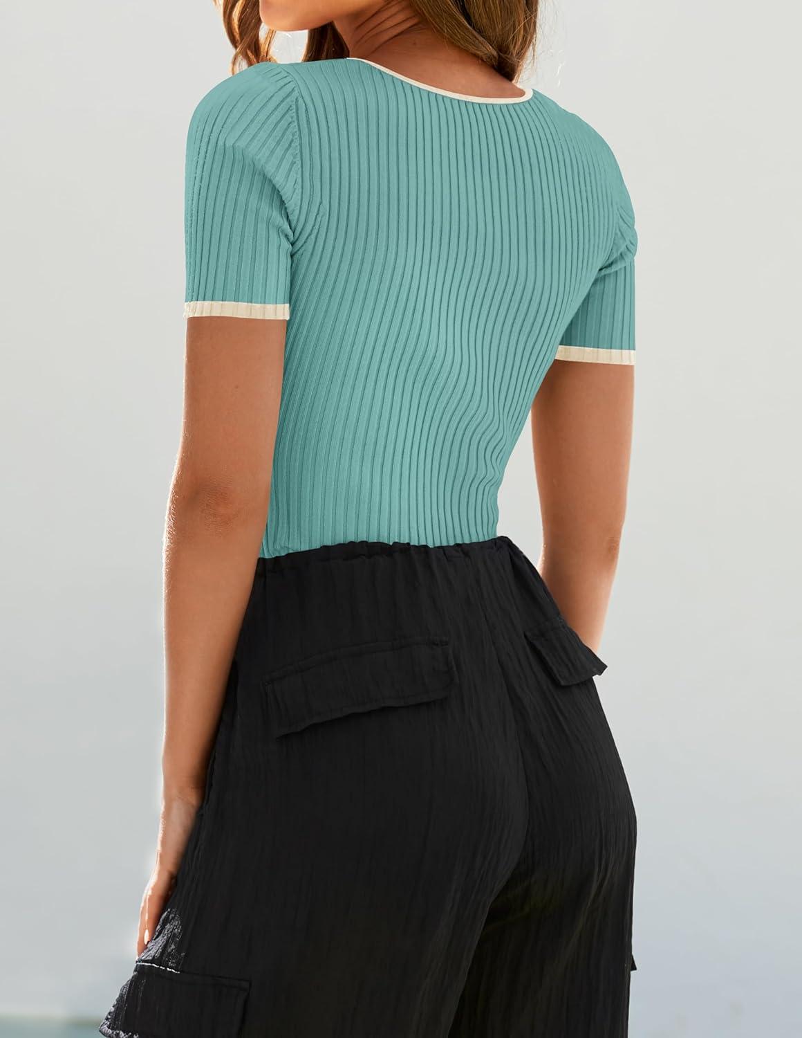 imageZESICA Womens Short Sleeve Square Neck Color Block T Shirt 2026 Summer Slim Fit Ribbed Knit Basic Tee TopsMint