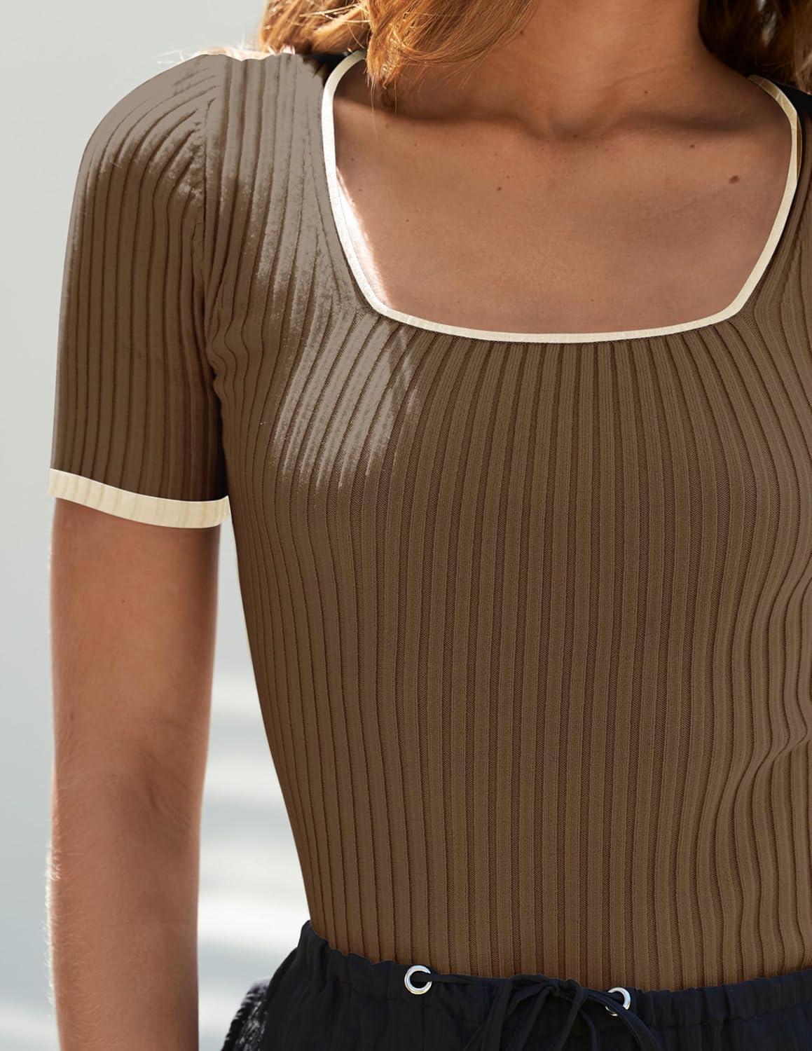 imageZESICA Womens Short Sleeve Square Neck Color Block T Shirt 2026 Summer Slim Fit Ribbed Knit Basic Tee TopsMocha