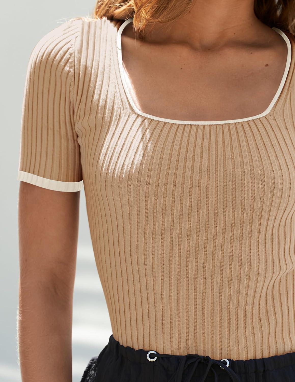 imageZESICA Womens Short Sleeve Square Neck Color Block T Shirt 2026 Summer Slim Fit Ribbed Knit Basic Tee TopsToffee
