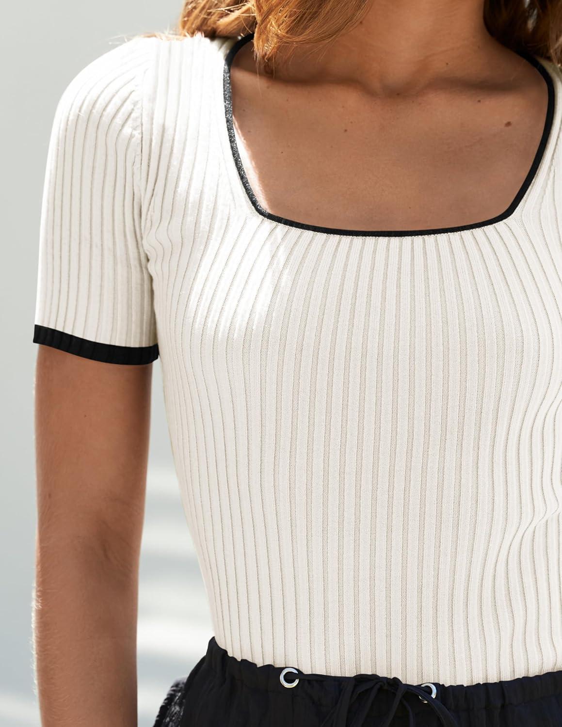 imageZESICA Womens Short Sleeve Square Neck Color Block T Shirt 2026 Summer Slim Fit Ribbed Knit Basic Tee TopsWhite