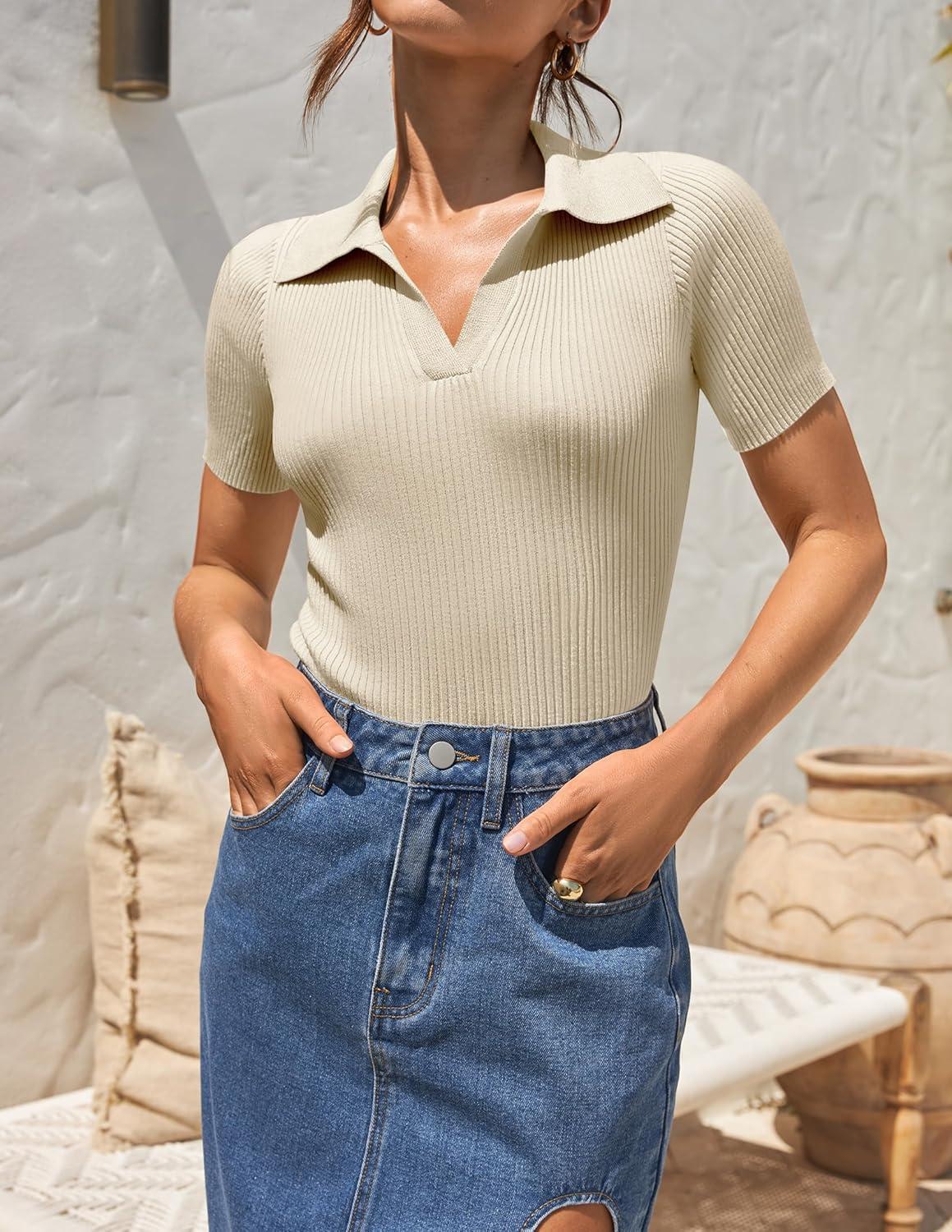 imageZESICA Womens Short Sleeve V Neck T Shirts 2026 Summer Ribbed Knit Slim Fitted Basic Solid Color Tee TopsAlmond