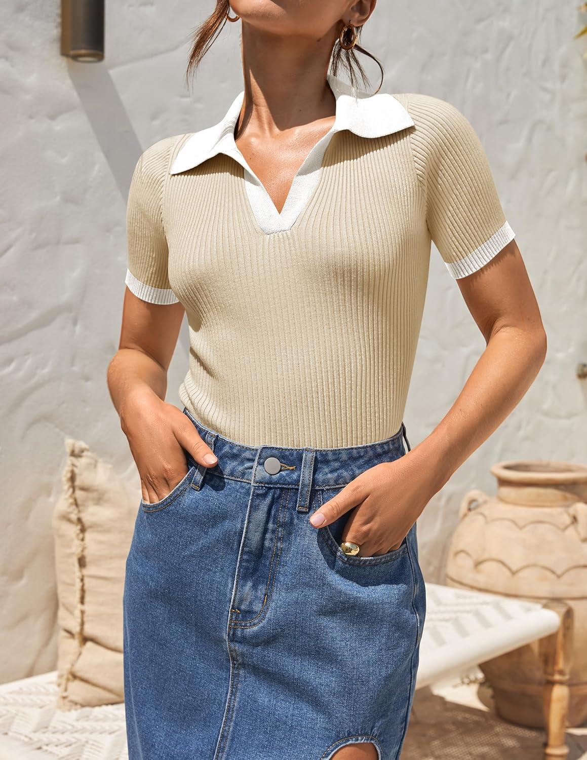 imageZESICA Womens Short Sleeve V Neck T Shirts 2026 Summer Ribbed Knit Slim Fitted Basic Solid Color Tee TopsApricot
