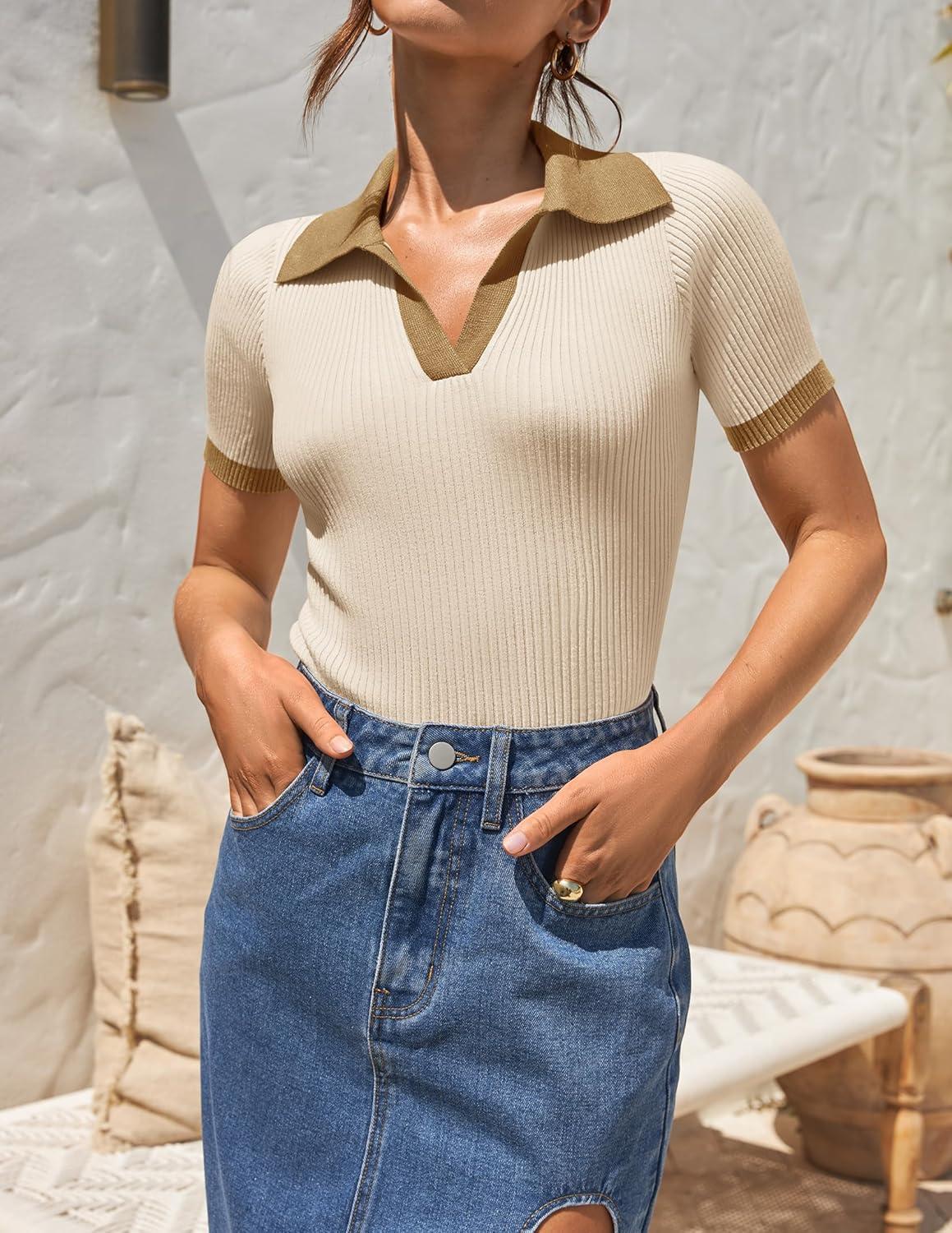 imageZESICA Womens Short Sleeve V Neck T Shirts 2026 Summer Ribbed Knit Slim Fitted Basic Solid Color Tee TopsBeige