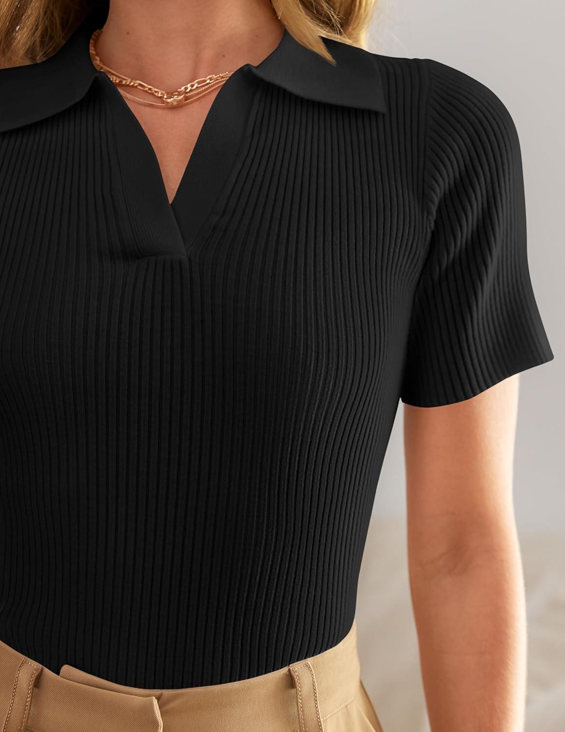 imageZESICA Womens Short Sleeve V Neck T Shirts 2026 Summer Ribbed Knit Slim Fitted Basic Solid Color Tee TopsBlack