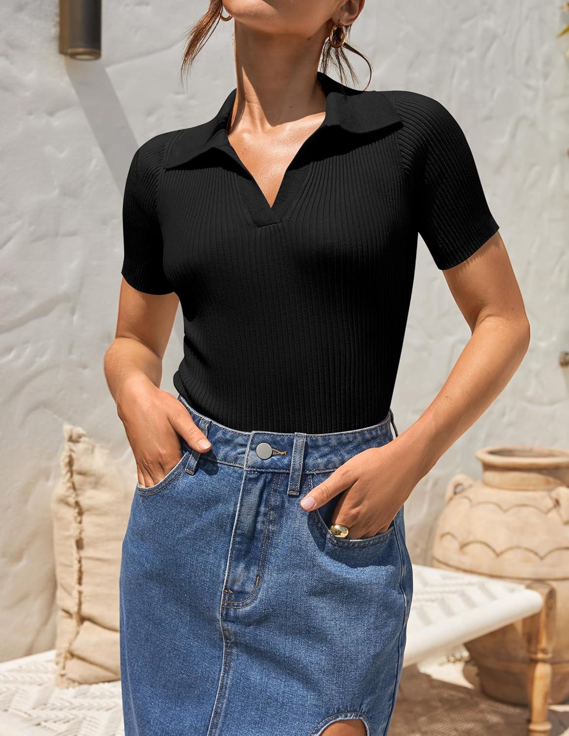 imageZESICA Womens Short Sleeve V Neck T Shirts 2026 Summer Ribbed Knit Slim Fitted Basic Solid Color Tee TopsBlack