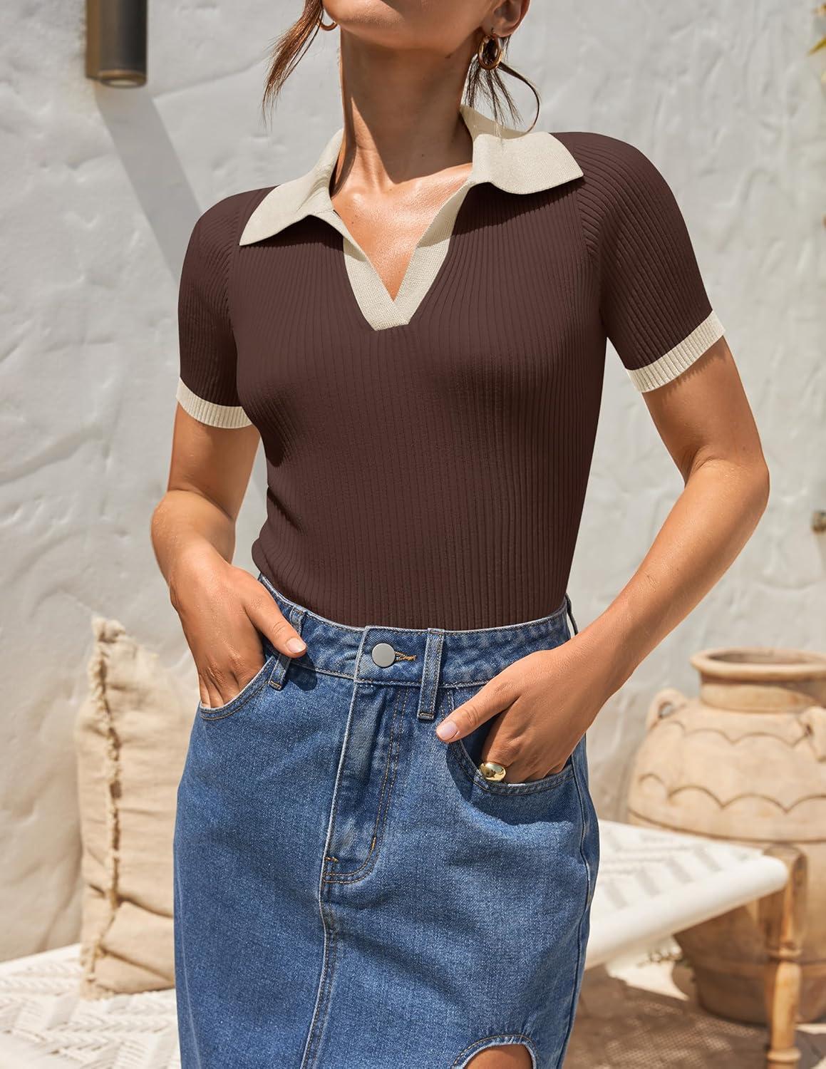 imageZESICA Womens Short Sleeve V Neck T Shirts 2026 Summer Ribbed Knit Slim Fitted Basic Solid Color Tee TopsCoffee