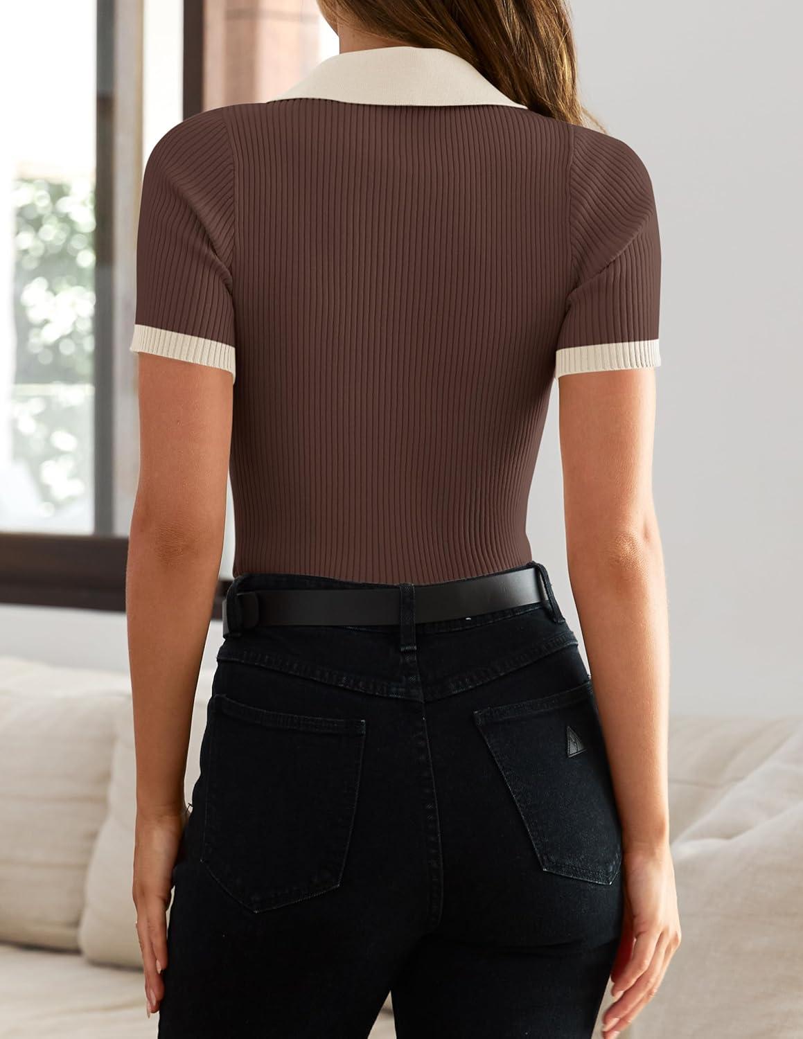 imageZESICA Womens Short Sleeve V Neck T Shirts 2026 Summer Ribbed Knit Slim Fitted Basic Solid Color Tee TopsCoffee