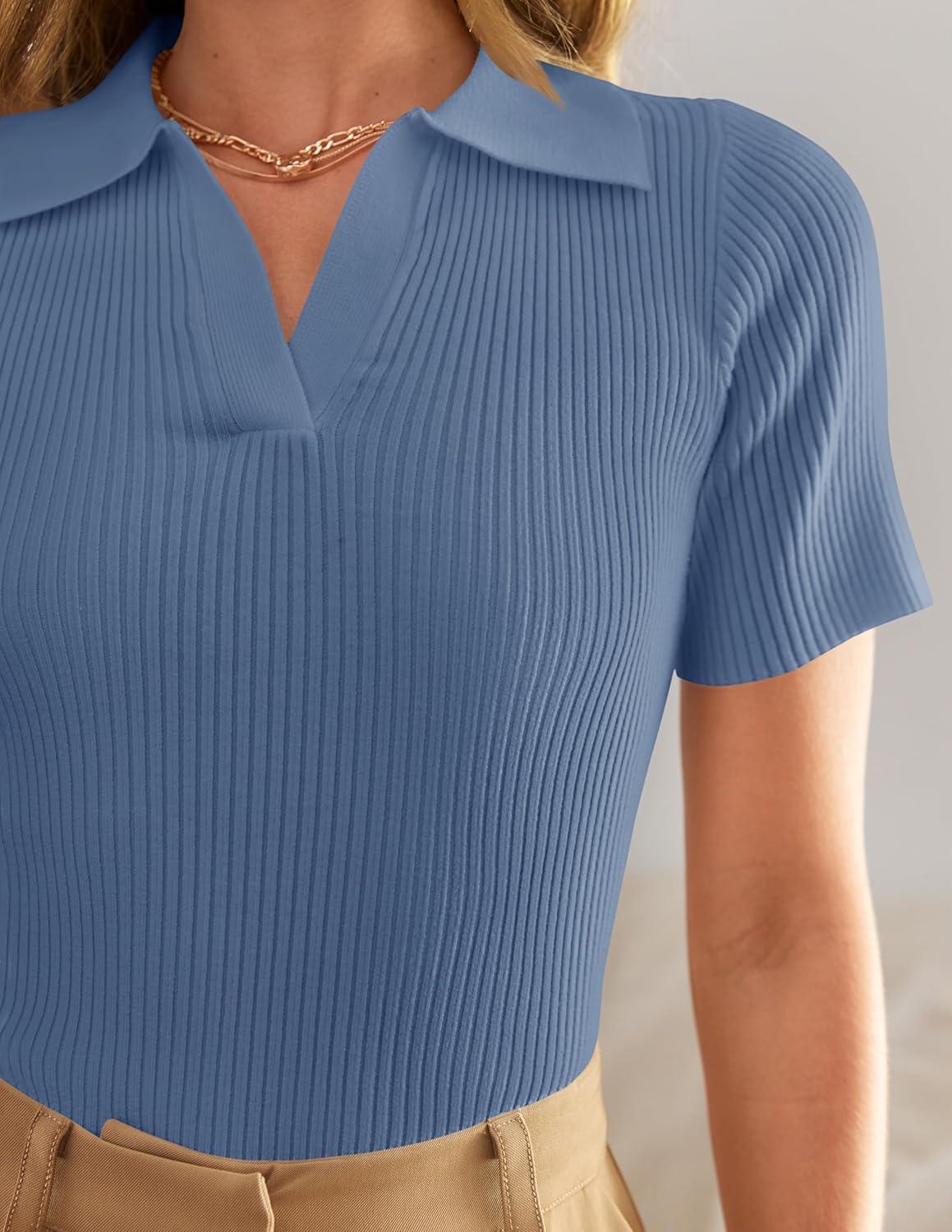 imageZESICA Womens Short Sleeve V Neck T Shirts 2026 Summer Ribbed Knit Slim Fitted Basic Solid Color Tee TopsDustyblue