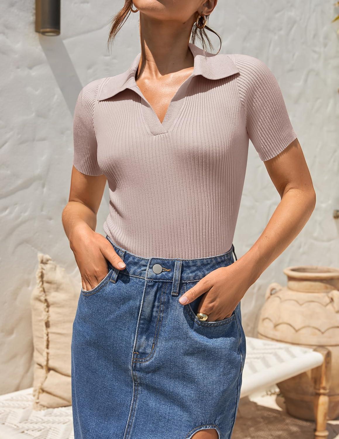 imageZESICA Womens Short Sleeve V Neck T Shirts 2026 Summer Ribbed Knit Slim Fitted Basic Solid Color Tee TopsDustypink