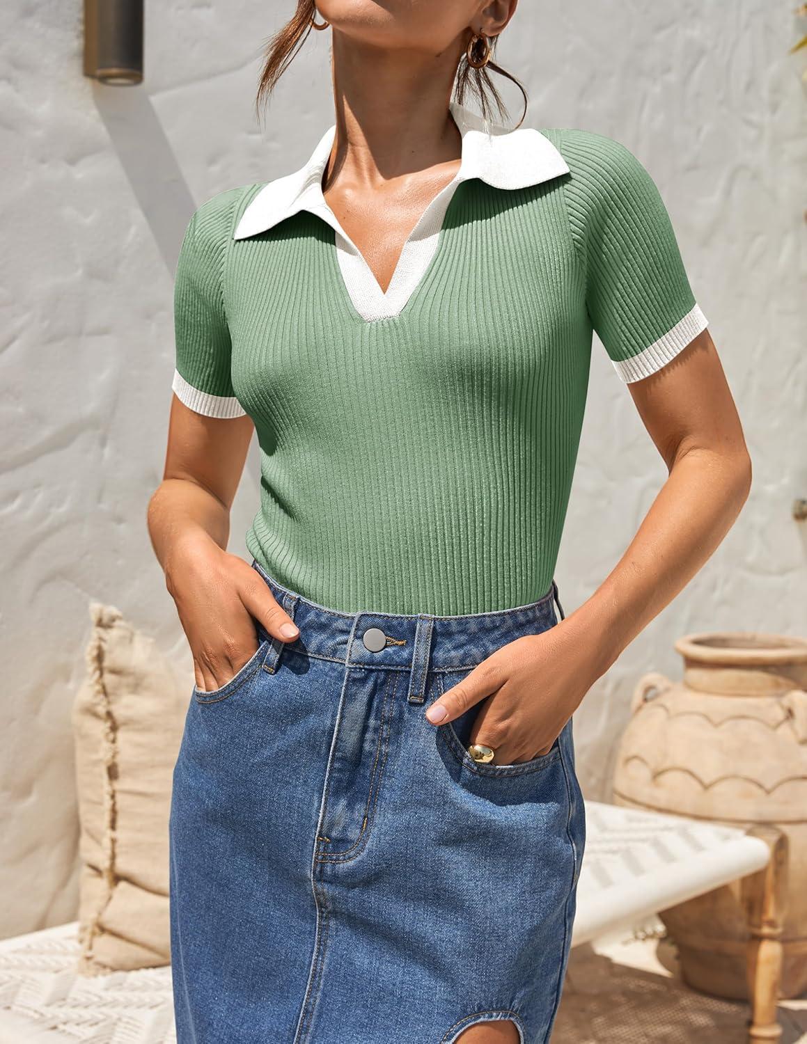 imageZESICA Womens Short Sleeve V Neck T Shirts 2026 Summer Ribbed Knit Slim Fitted Basic Solid Color Tee TopsLight Green