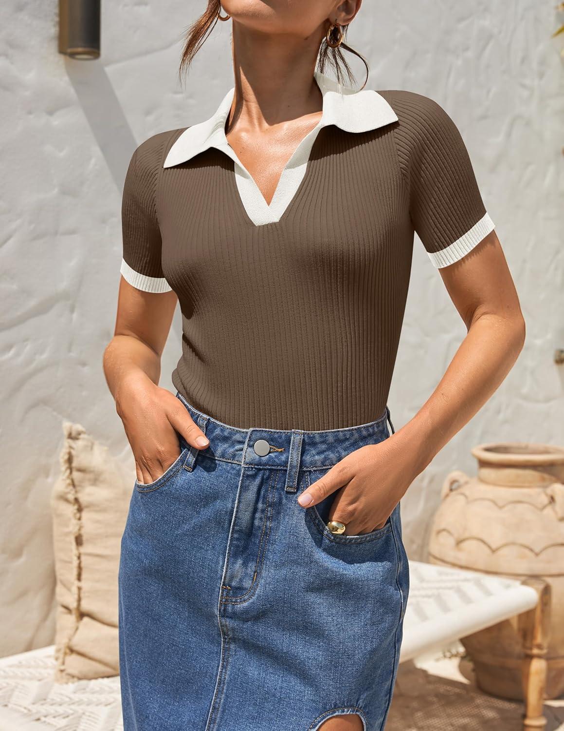 imageZESICA Womens Short Sleeve V Neck T Shirts 2026 Summer Ribbed Knit Slim Fitted Basic Solid Color Tee TopsMocha