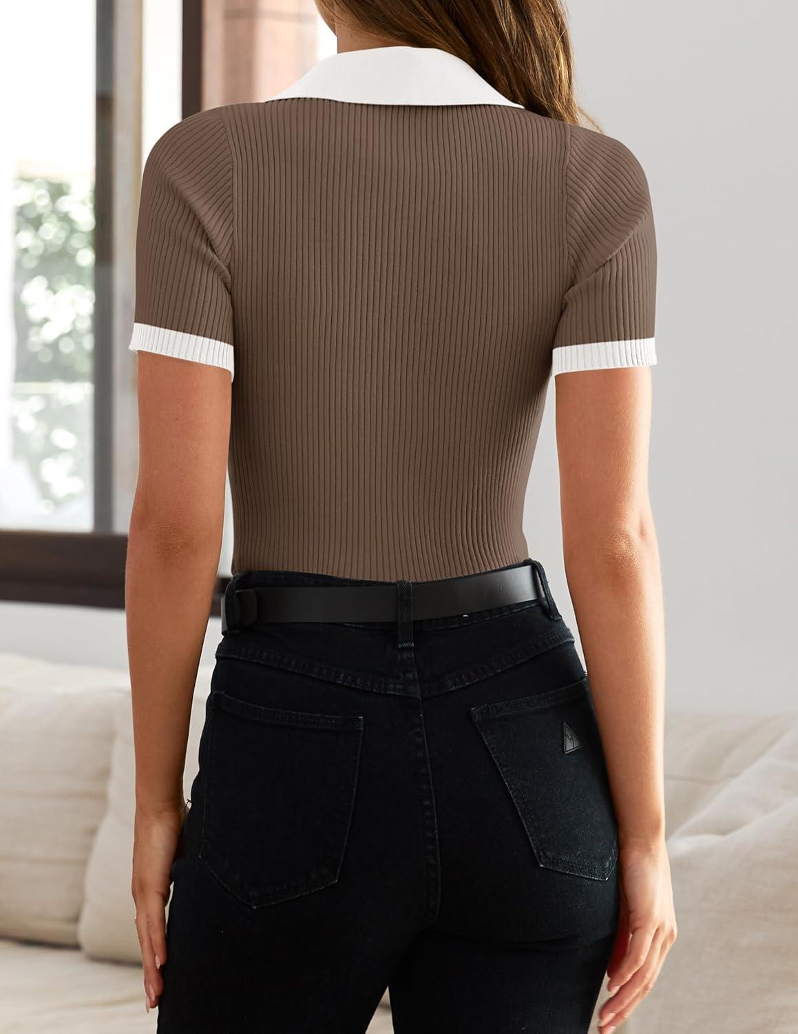 imageZESICA Womens Short Sleeve V Neck T Shirts 2026 Summer Ribbed Knit Slim Fitted Basic Solid Color Tee TopsMocha