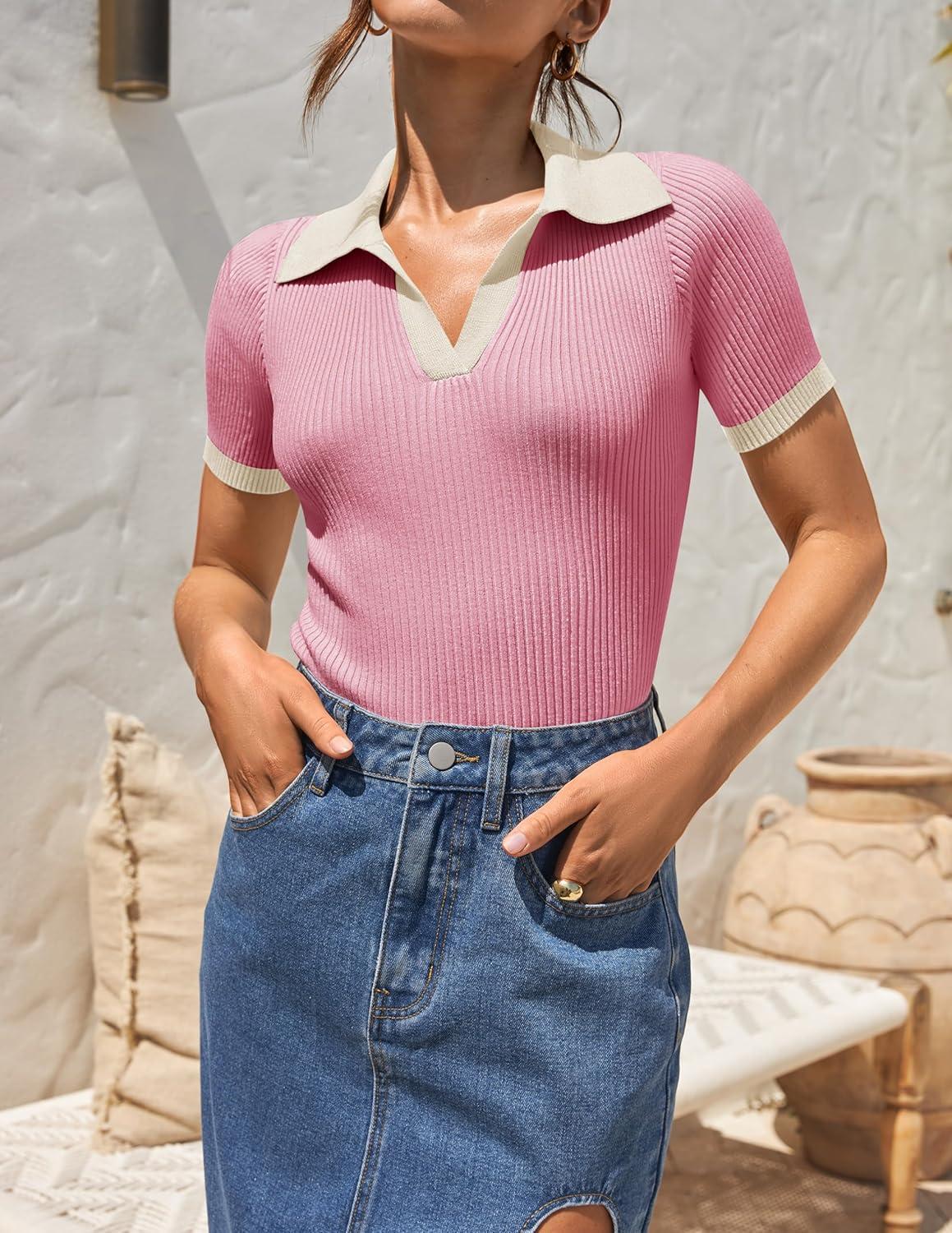 imageZESICA Womens Short Sleeve V Neck T Shirts 2026 Summer Ribbed Knit Slim Fitted Basic Solid Color Tee TopsPink