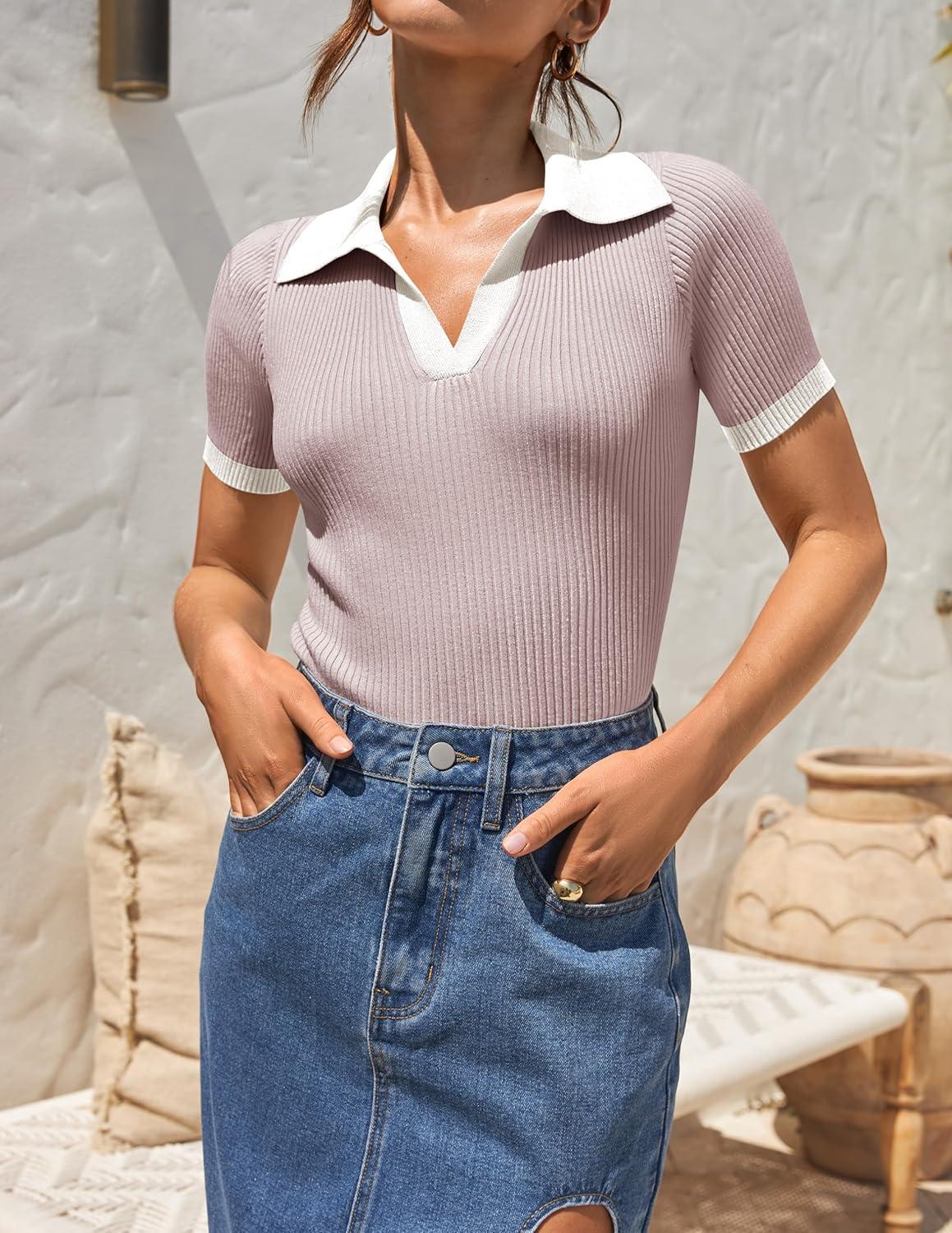 imageZESICA Womens Short Sleeve V Neck T Shirts 2026 Summer Ribbed Knit Slim Fitted Basic Solid Color Tee TopsTaro