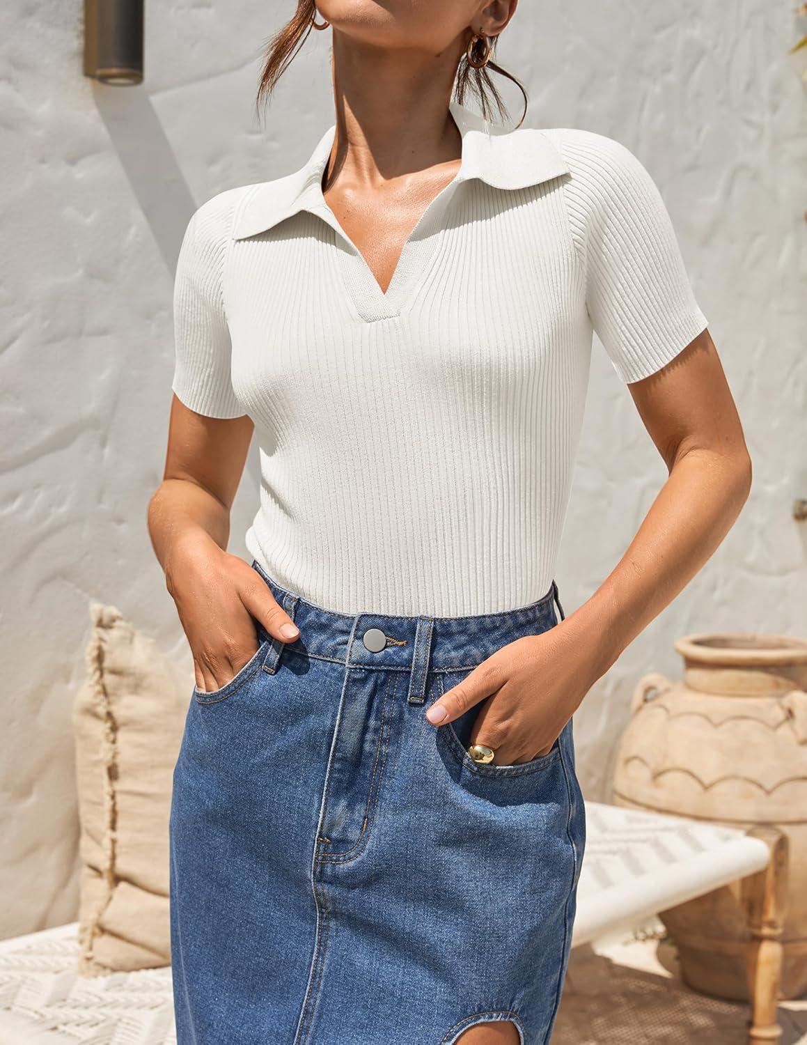 imageZESICA Womens Short Sleeve V Neck T Shirts 2026 Summer Ribbed Knit Slim Fitted Basic Solid Color Tee TopsWhite