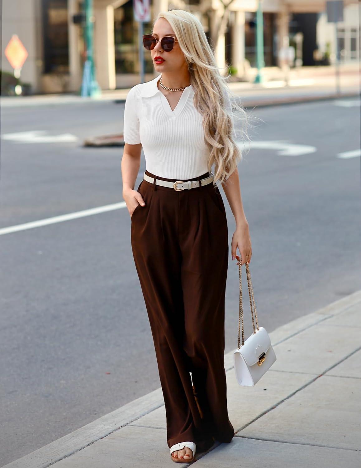 imageZESICA Womens Short Sleeve V Neck T Shirts 2026 Summer Ribbed Knit Slim Fitted Basic Solid Color Tee TopsWhite