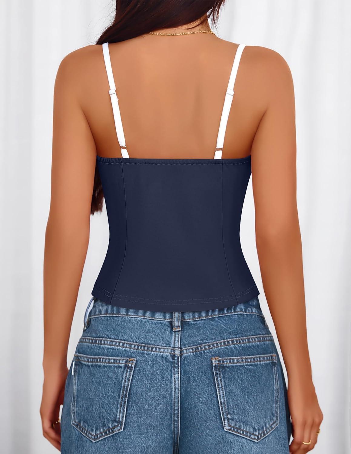 imageZESICA Womens Sleeveless Lace Camisole Tops Summer 2026 Spaghetti Strap Tank Top Y2k Sexy Going Out Trendy ShirtsNavy