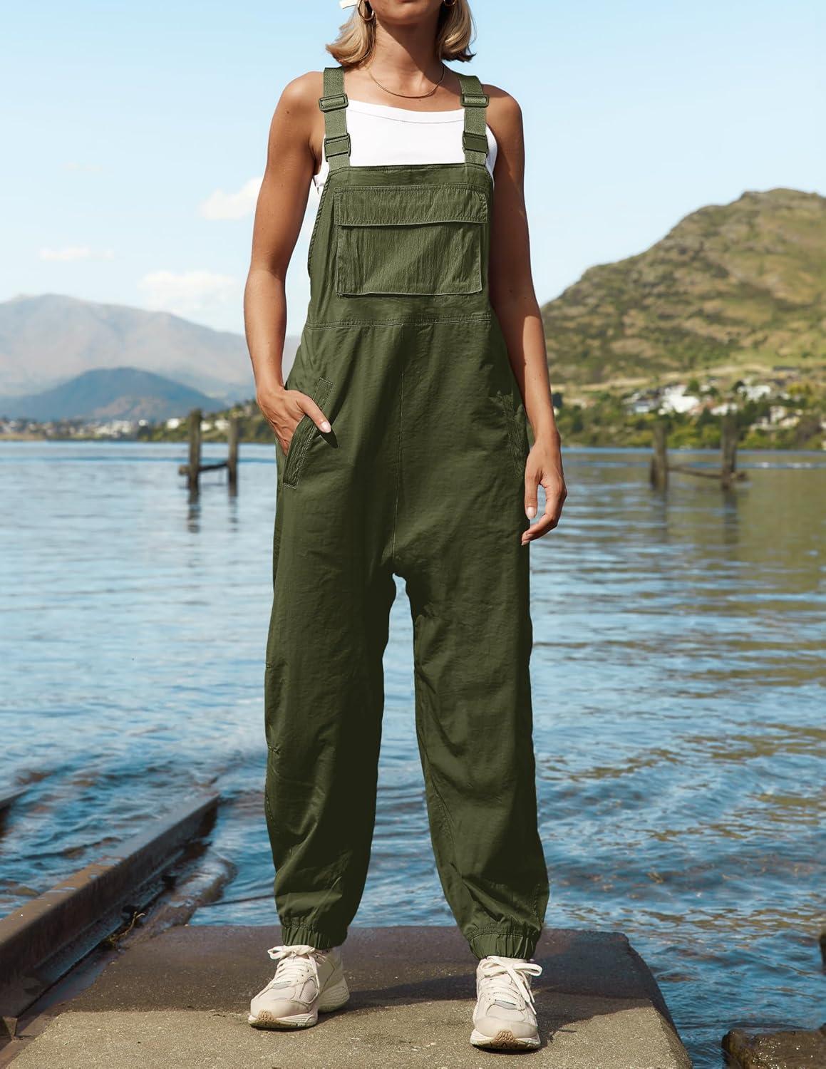 imageZESICA Womens Sleeveless Overalls Jumpsuit Casual Loose Adjustable Straps Bib Long Pant Jumpsuits with PocketsArmy Green