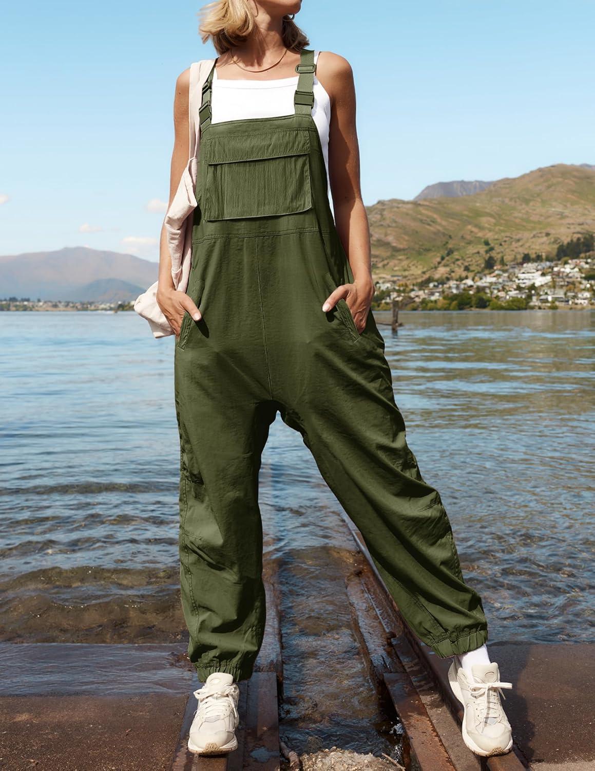 imageZESICA Womens Sleeveless Overalls Jumpsuit Casual Loose Adjustable Straps Bib Long Pant Jumpsuits with PocketsArmy Green
