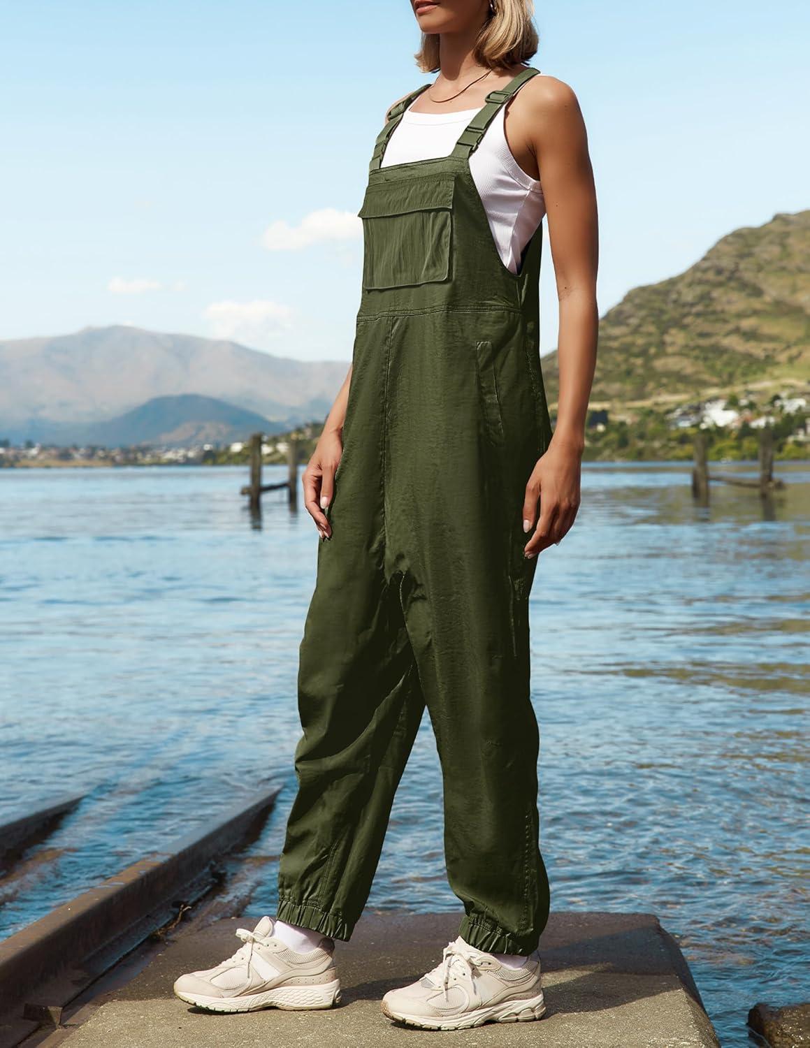 imageZESICA Womens Sleeveless Overalls Jumpsuit Casual Loose Adjustable Straps Bib Long Pant Jumpsuits with PocketsArmy Green