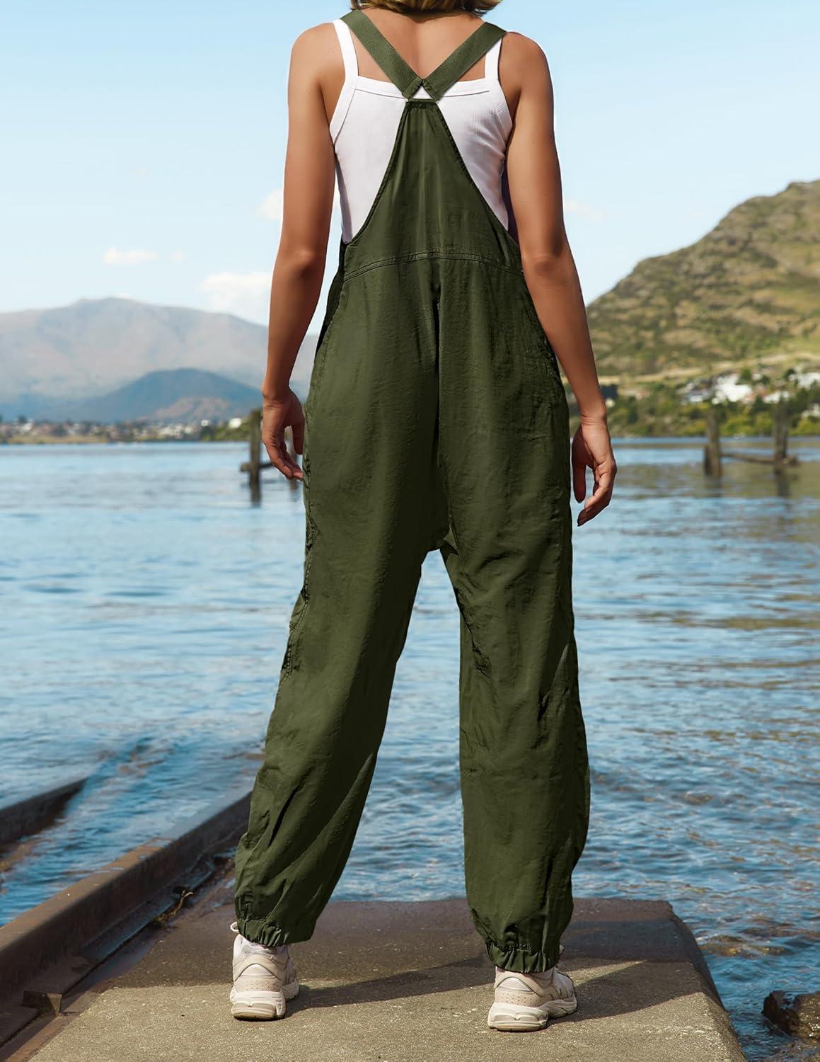 imageZESICA Womens Sleeveless Overalls Jumpsuit Casual Loose Adjustable Straps Bib Long Pant Jumpsuits with PocketsArmy Green