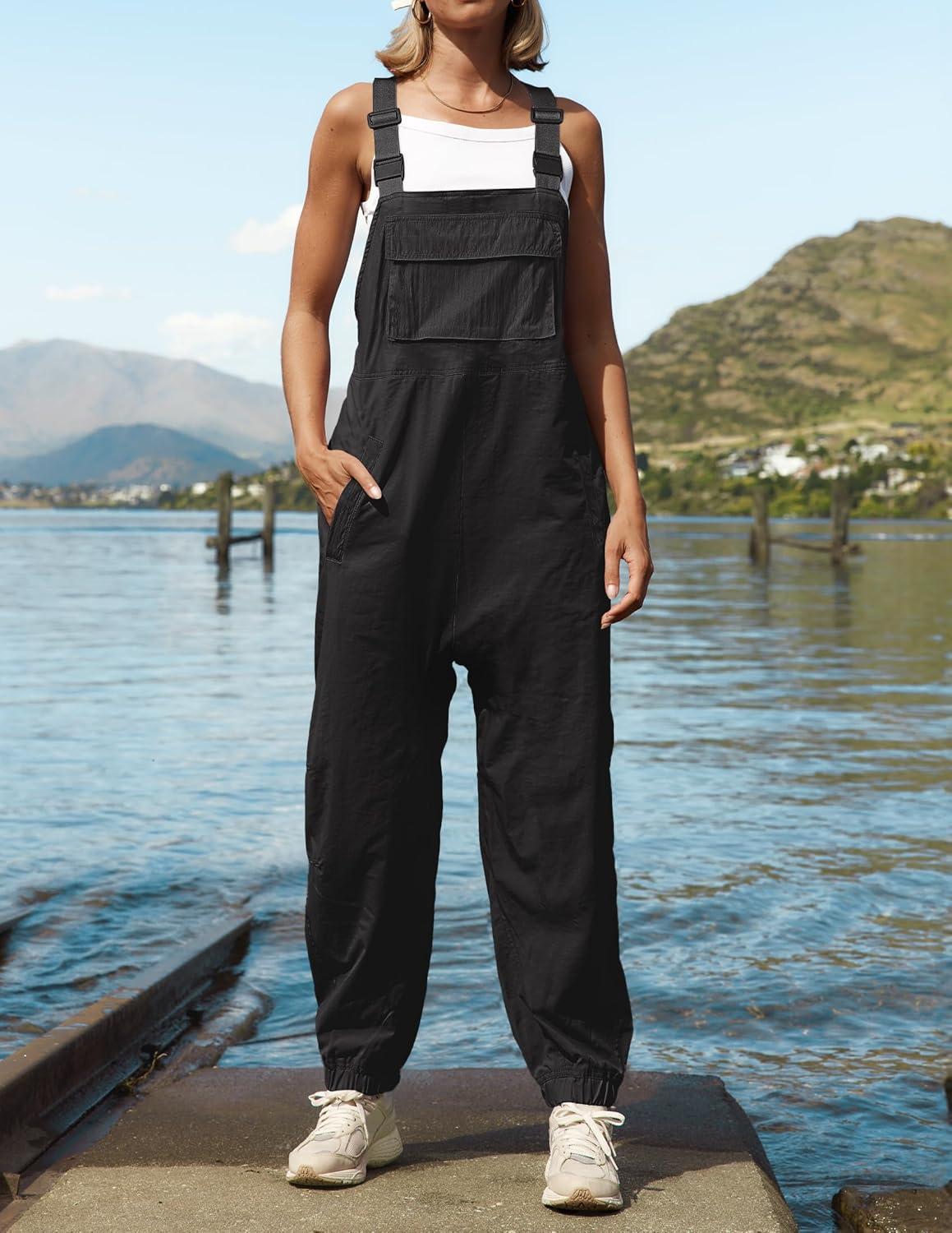 imageZESICA Womens Sleeveless Overalls Jumpsuit Casual Loose Adjustable Straps Bib Long Pant Jumpsuits with PocketsBlack