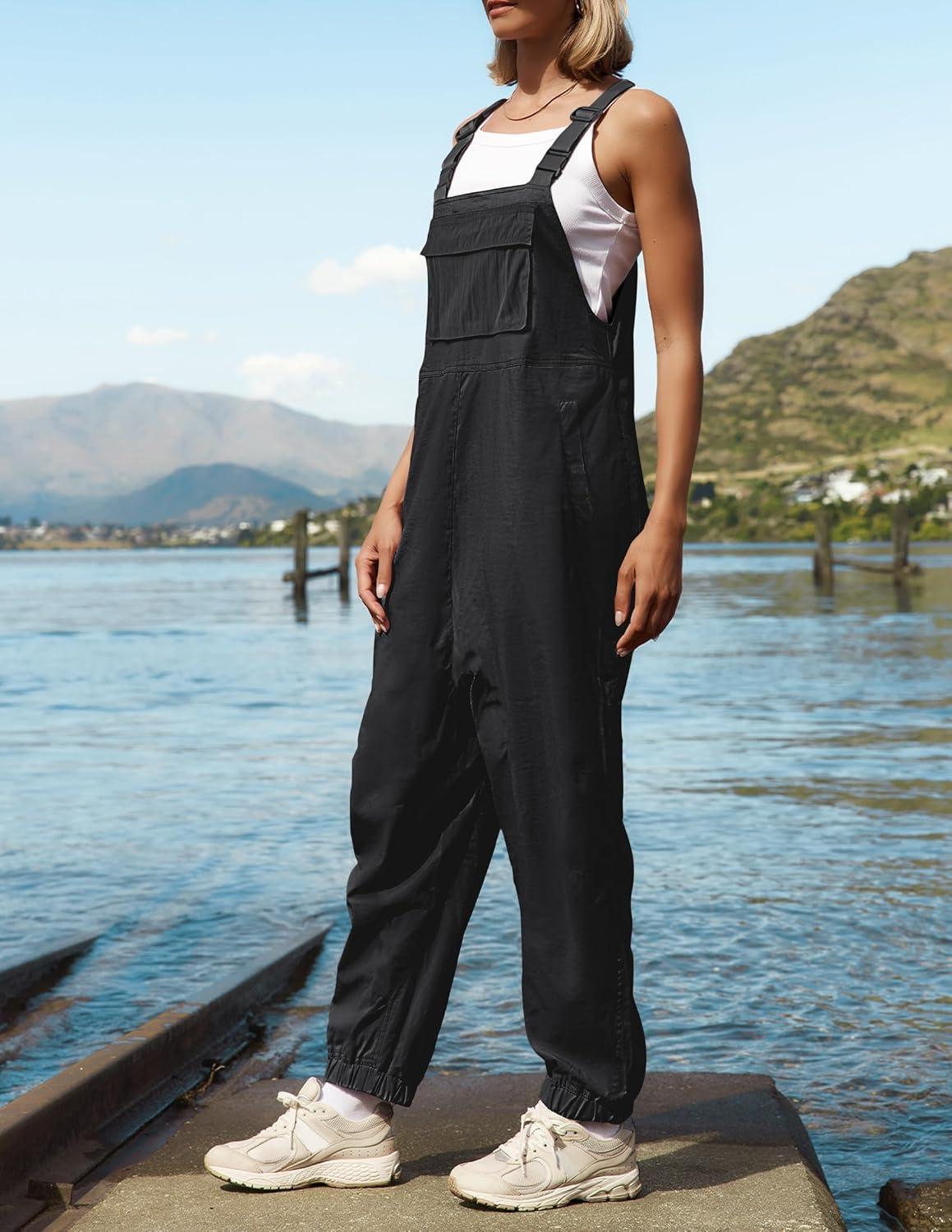 imageZESICA Womens Sleeveless Overalls Jumpsuit Casual Loose Adjustable Straps Bib Long Pant Jumpsuits with PocketsBlack