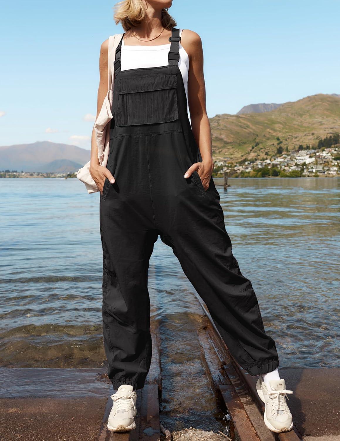 imageZESICA Womens Sleeveless Overalls Jumpsuit Casual Loose Adjustable Straps Bib Long Pant Jumpsuits with PocketsBlack